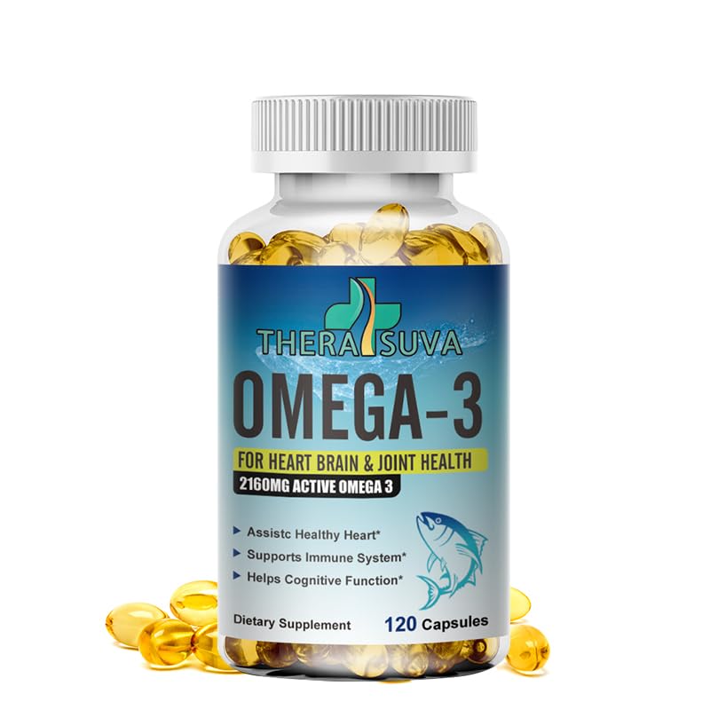 Frasco TheraSuva Omega-3 frente, mostrando etiqueta y concentración EPA/DHA.