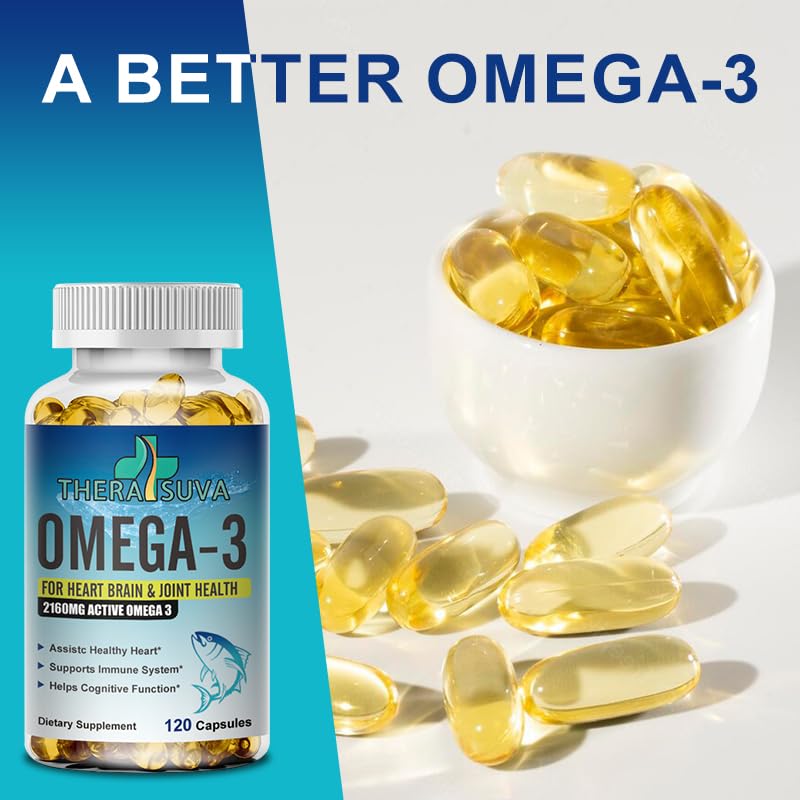 Cápsulas TheraSuva Omega-3 listas para tomarse con comida.