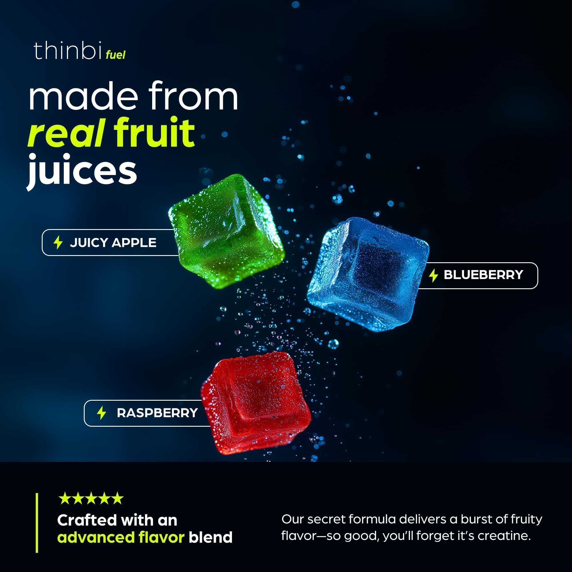 Thinbi Creatine Gummies, etiqueta legible, dosis claras para uso diario