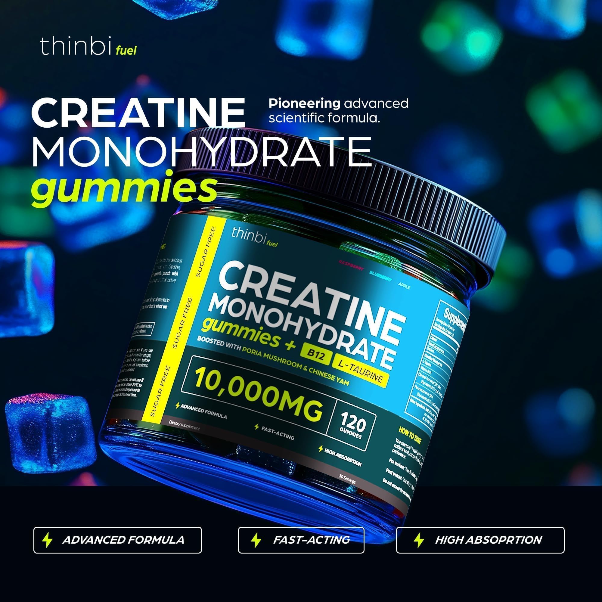 Thinbi Creatine Gummies, gomitas coloridas, sabor agradable para entrenar con foco y consistencia