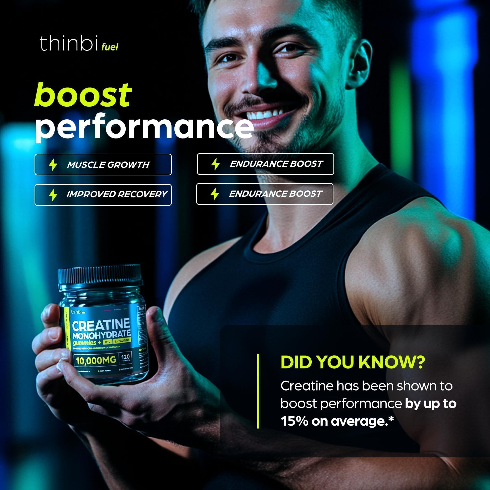 Thinbi Creatine Gummies, persona preparándose para entrenar, pre-entrenamiento conveniente