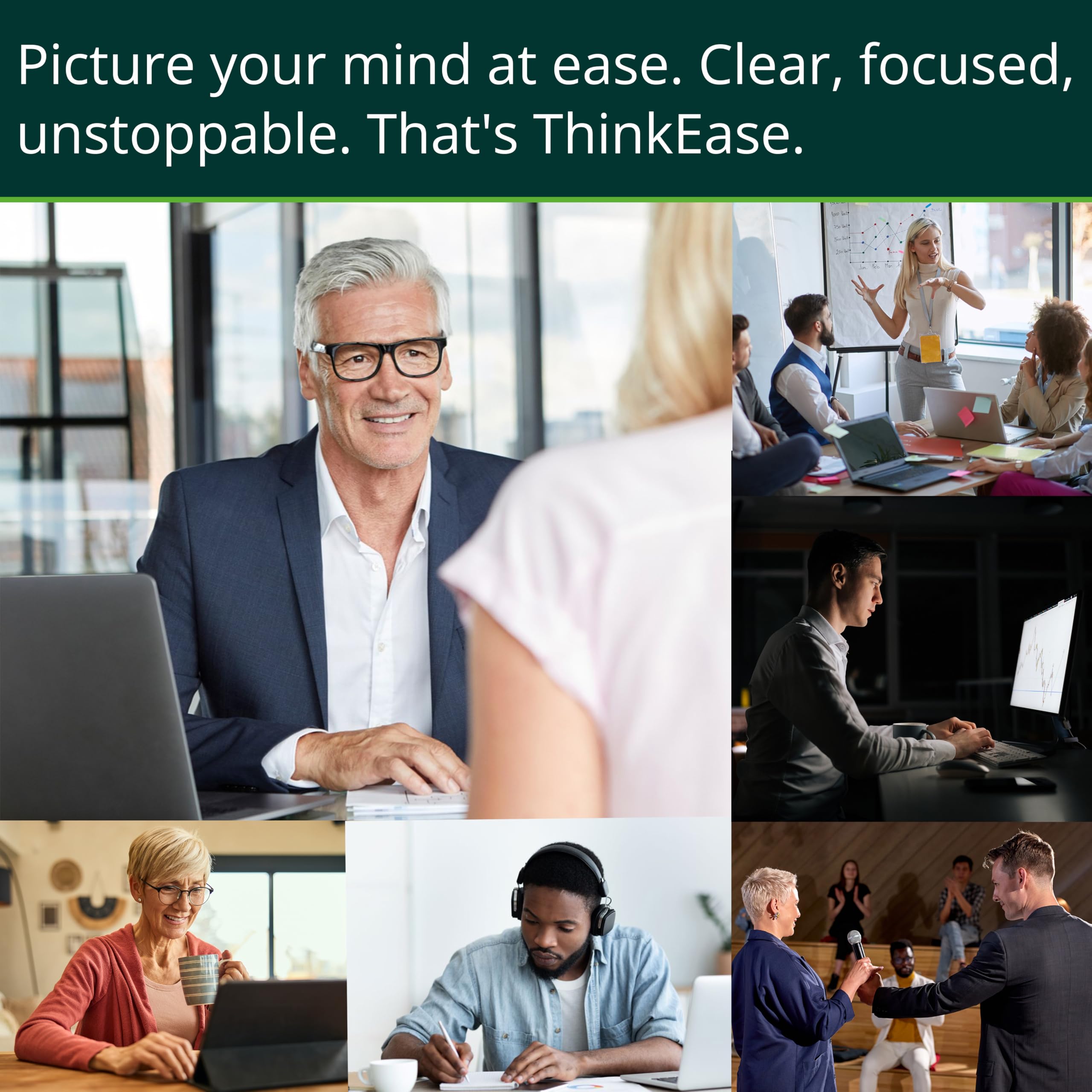 ThinkEase: frasco destacando ingredientes clave para la salud cerebral.