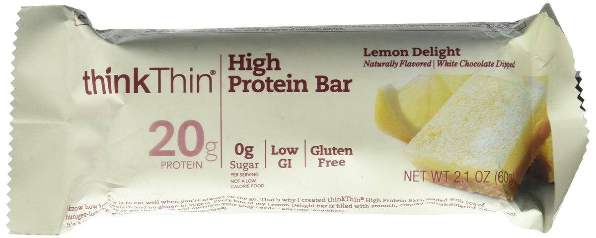 ThinkThin Limón Delicia envuelta: barra alta en proteína para recuperación posentrenamiento.