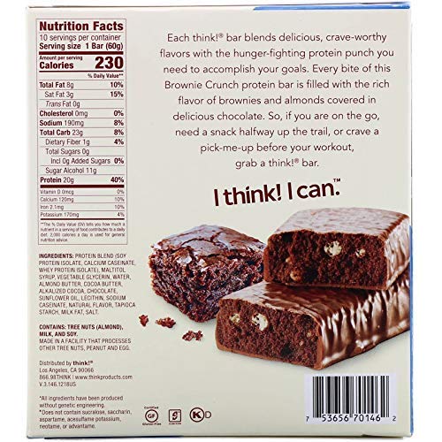 thinkThin barra proteína brownie crujiente, opción IG bajo para saciedad sostenida.