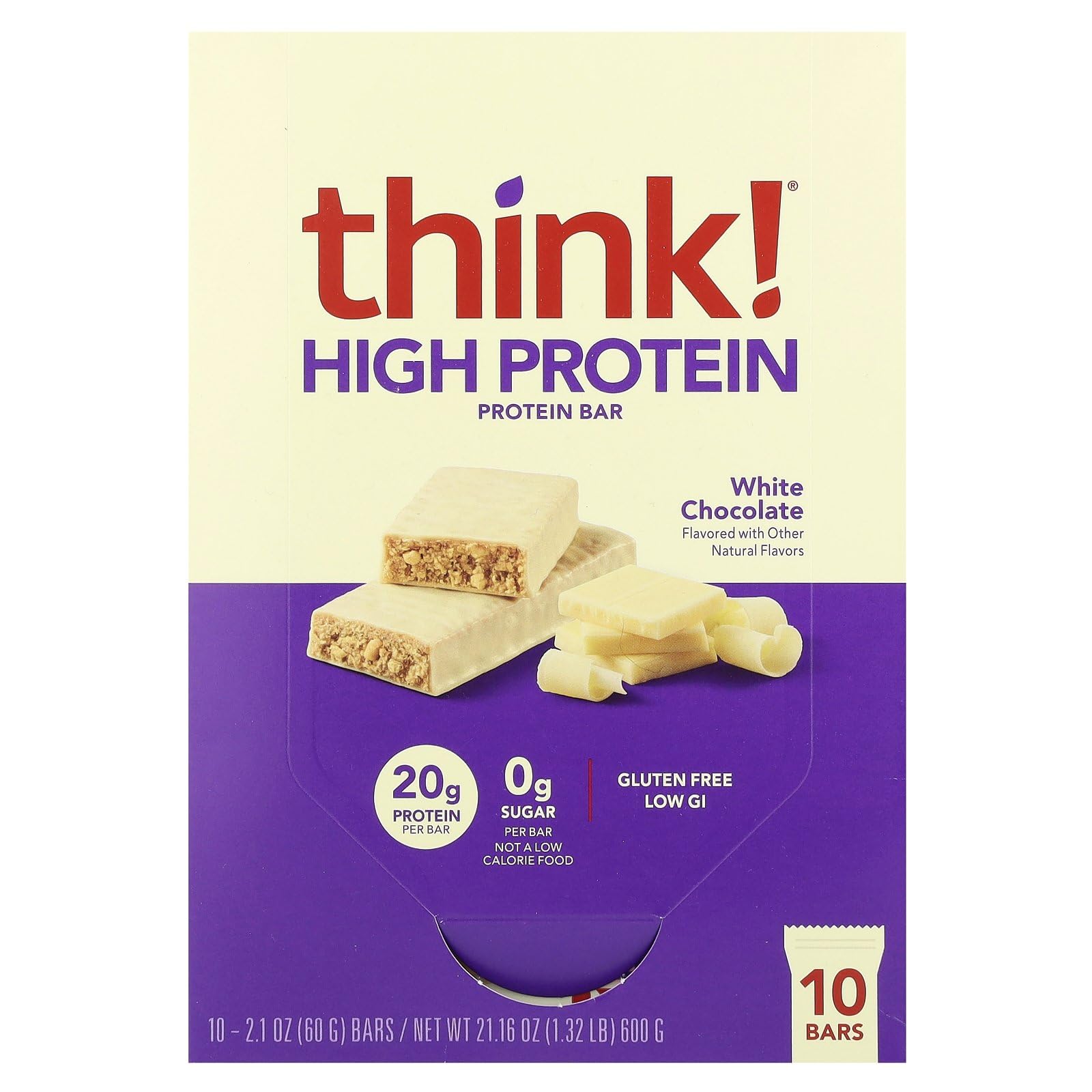 thinkthin barra de proteína chocolate blanco en empaque, ideal para snack previo al entrenamiento.