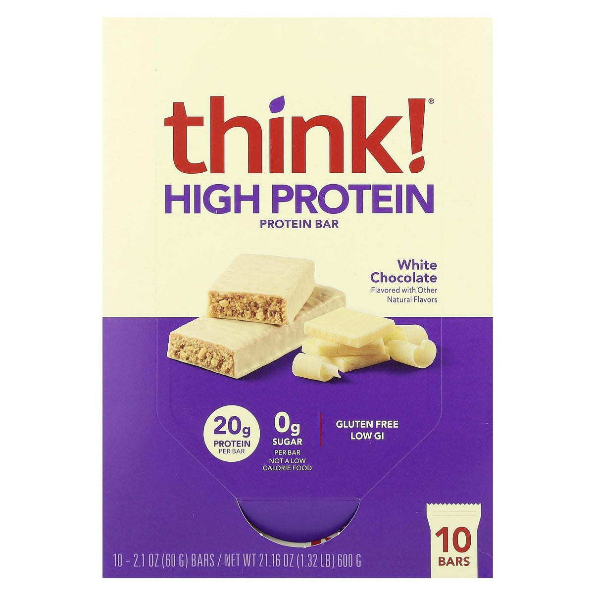 thinkthin barra de proteína chocolate blanco en empaque, ideal para snack previo al entrenamiento.