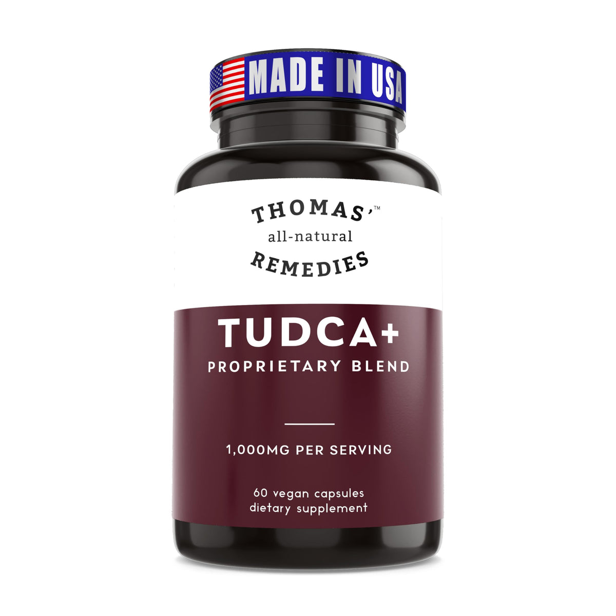Thomas' Remedies Tudca cápsulas de 1000 mg en bote para apoyo hepático.