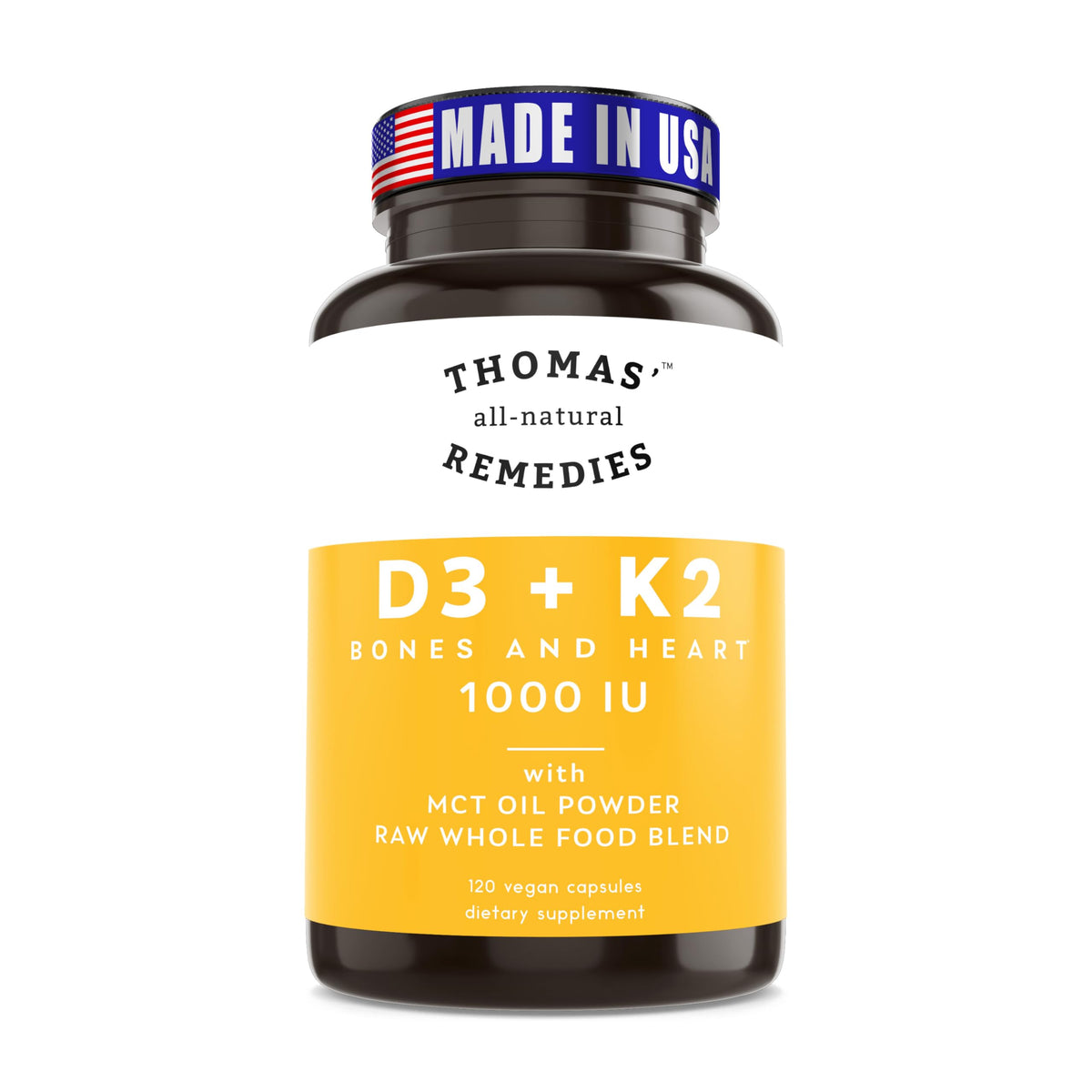 Thomas' all-natural Remedies D3 + K2 con MCT, bote derramando, absorción mejorada.