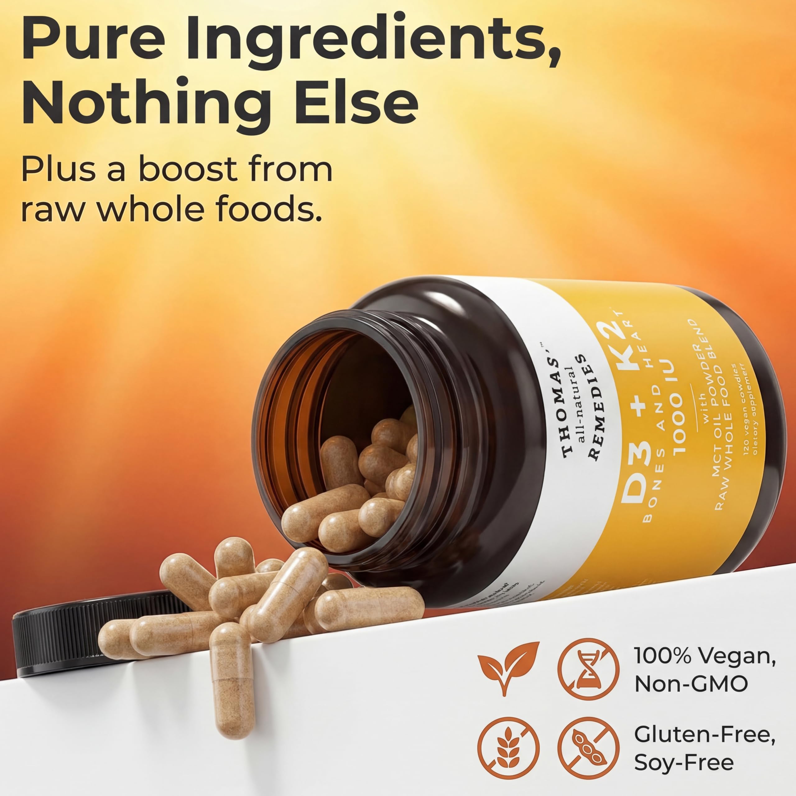 Thomas' all-natural Remedies D3 + K2, dosis diaria destacada, 125% VD para uso diario.