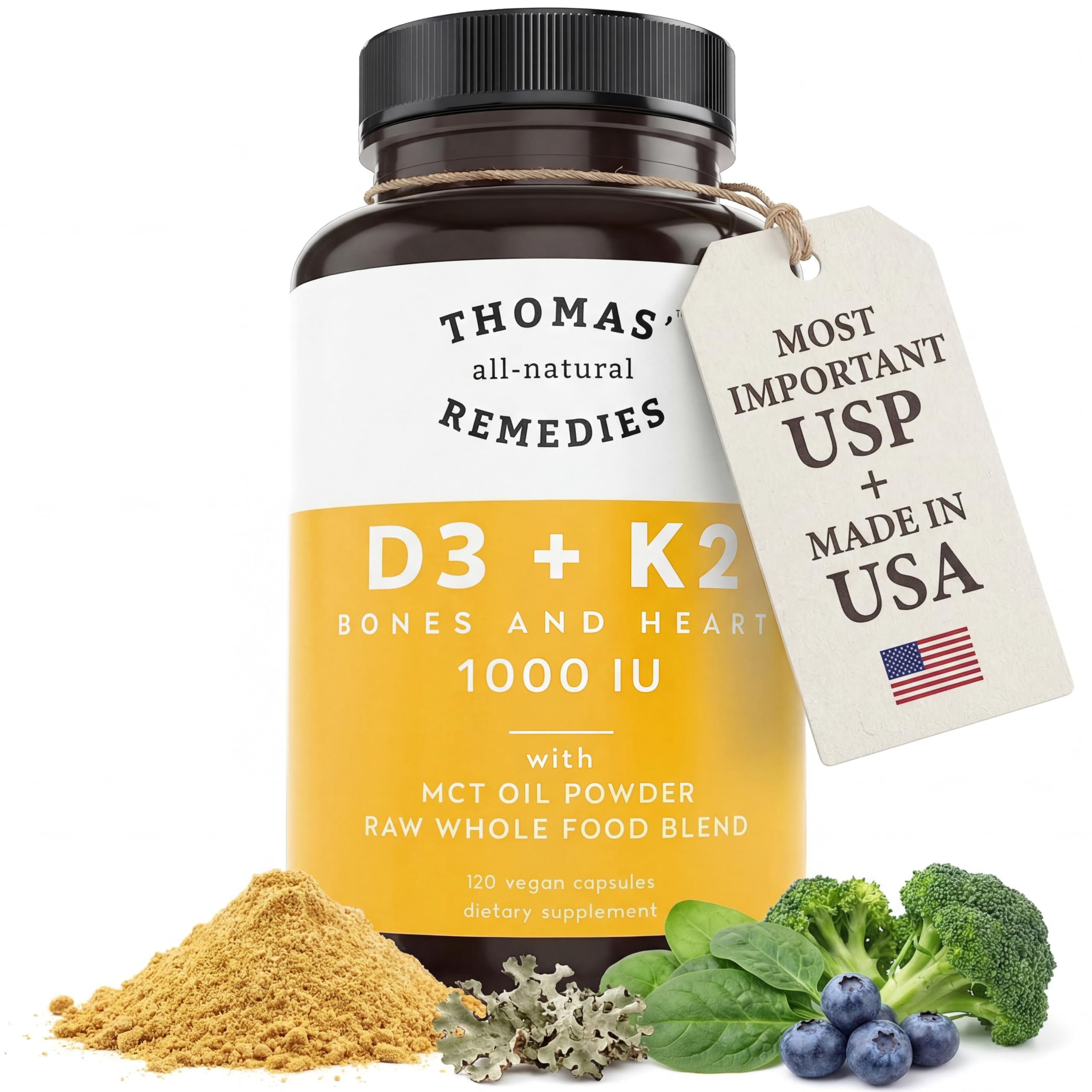 Thomas' all-natural Remedies D3 + K2, etiqueta vegana visible para dietas sin productos animales.