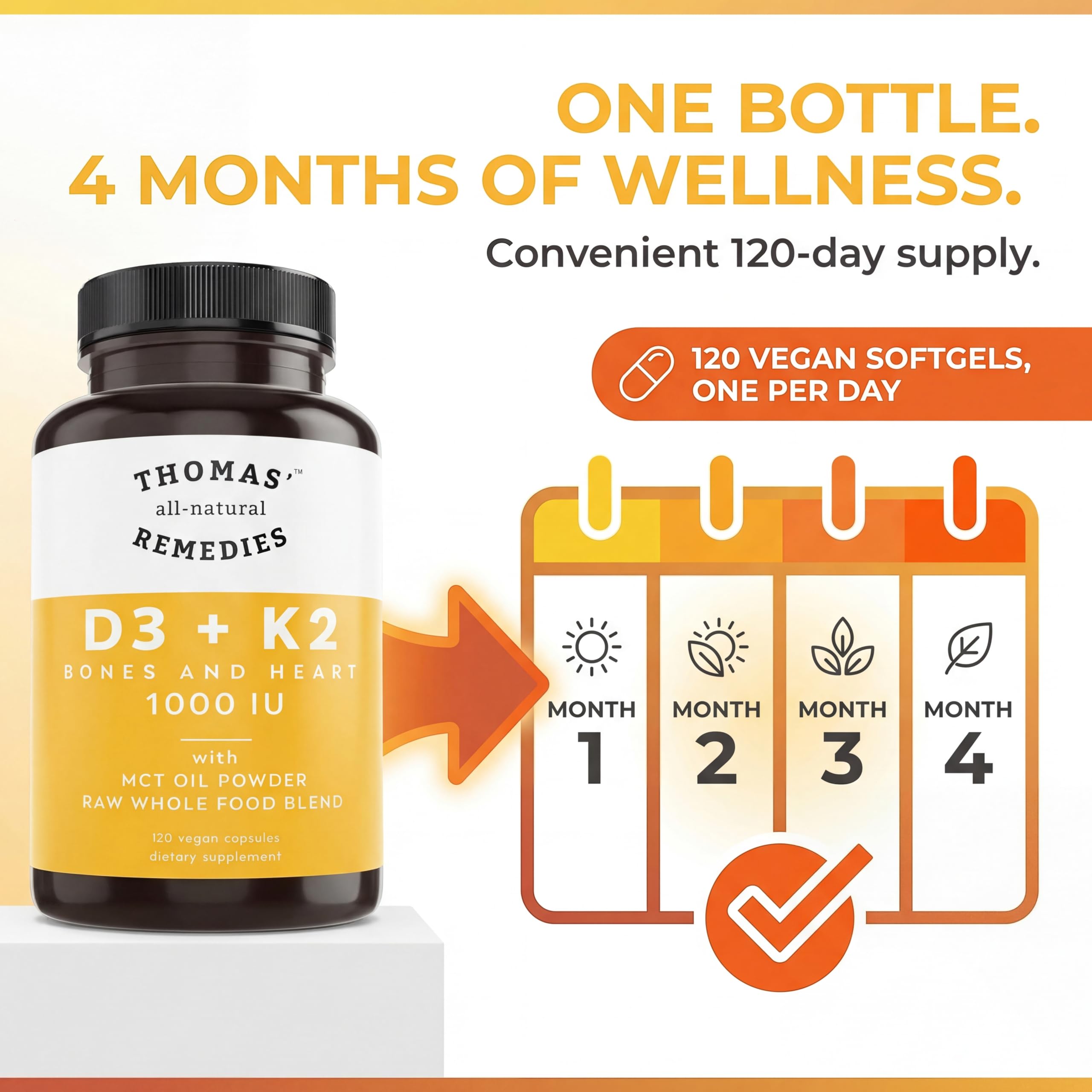 Thomas' all-natural Remedies D3 + K2, libre de OGM y sin soja ni gluten.