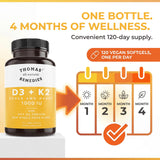 Thomas' all-natural Remedies D3 + K2, libre de OGM y sin soja ni gluten.