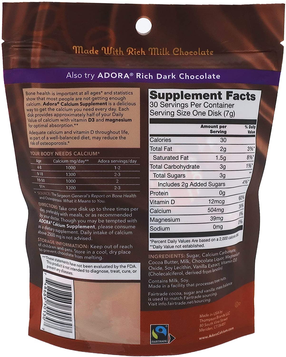 Empaque de Thompson Adora chocolate con leche, ideal para meriendas rápidas y sabrosas.