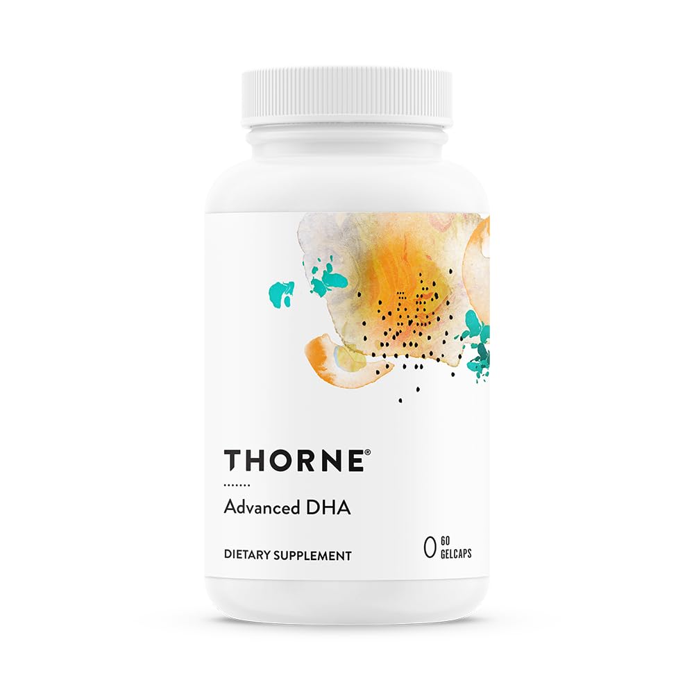 Thorne Advanced DHA cápsulas blandas frente a la botella, apoyo a la salud cerebral.