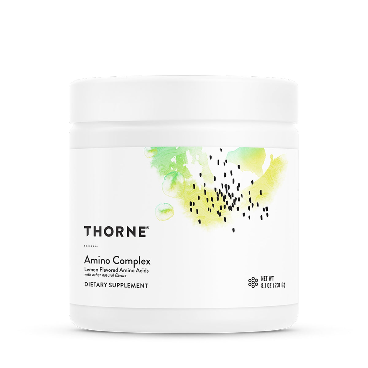 THORNE Amino Complex en bote limón, ideal para apoyar la masa magra durante el entrenamiento.