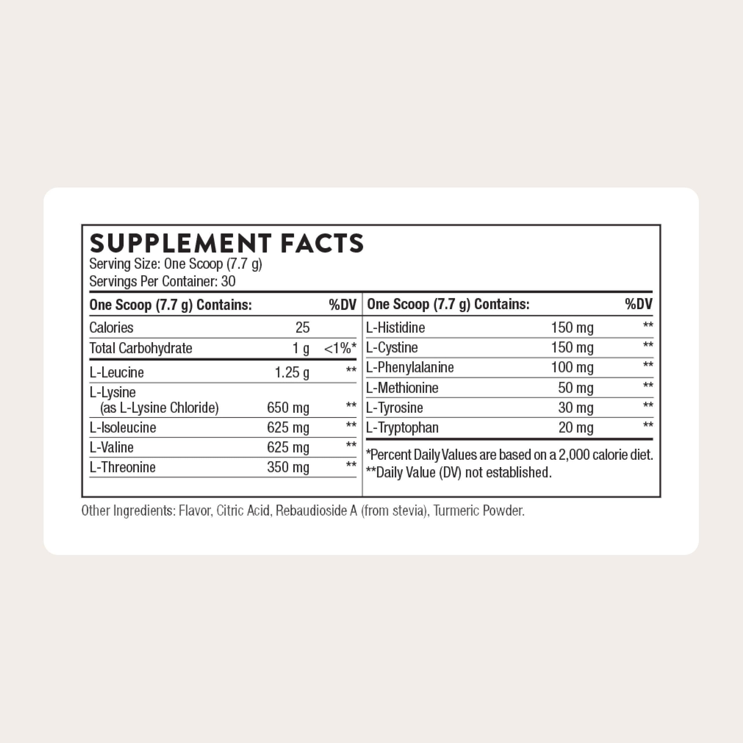 Cuchara medidora de THORNE Amino Complex para dosis precisas en la rutina.