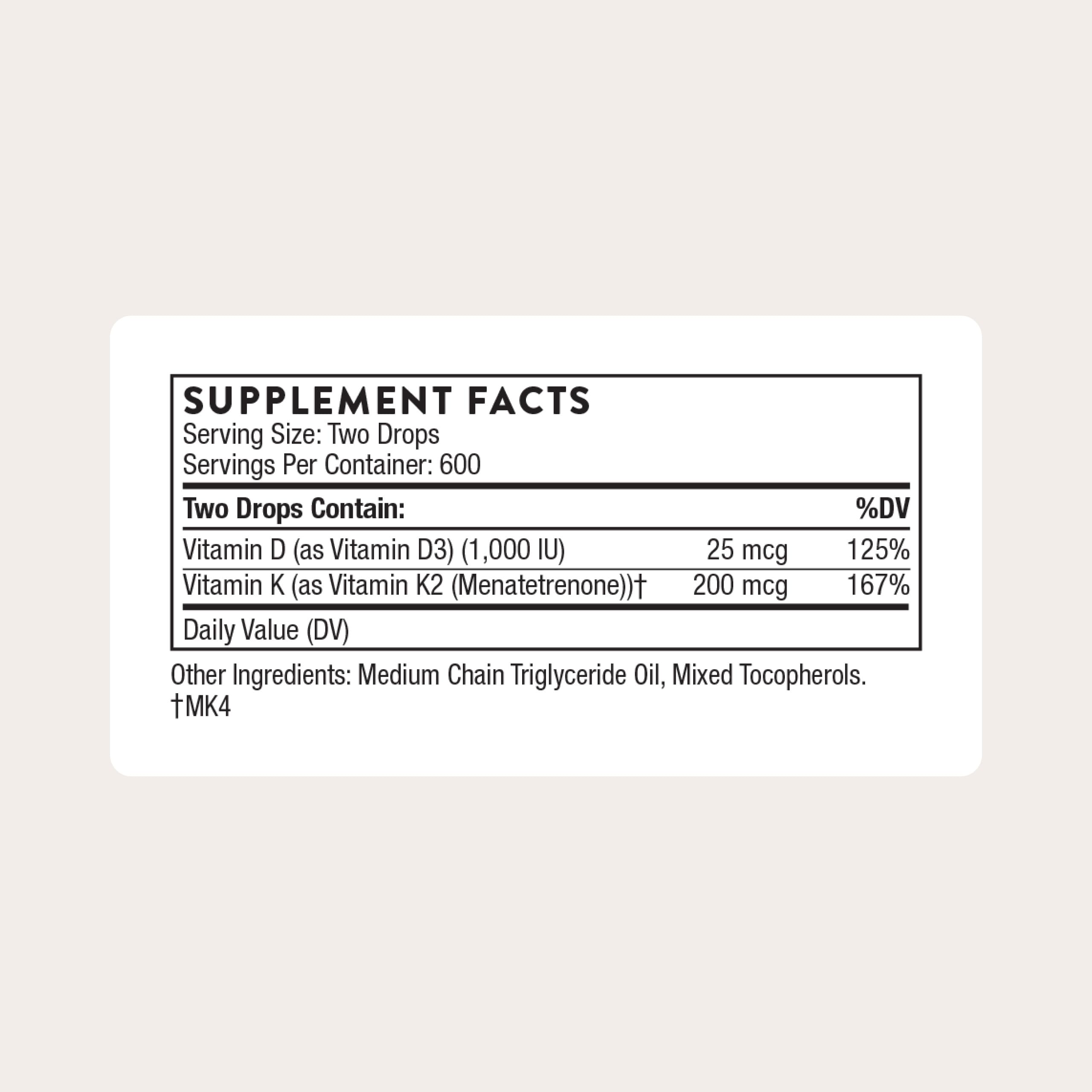 THORNE botella de 30 ml presenta vitamina D3 y K2 para uso diario.