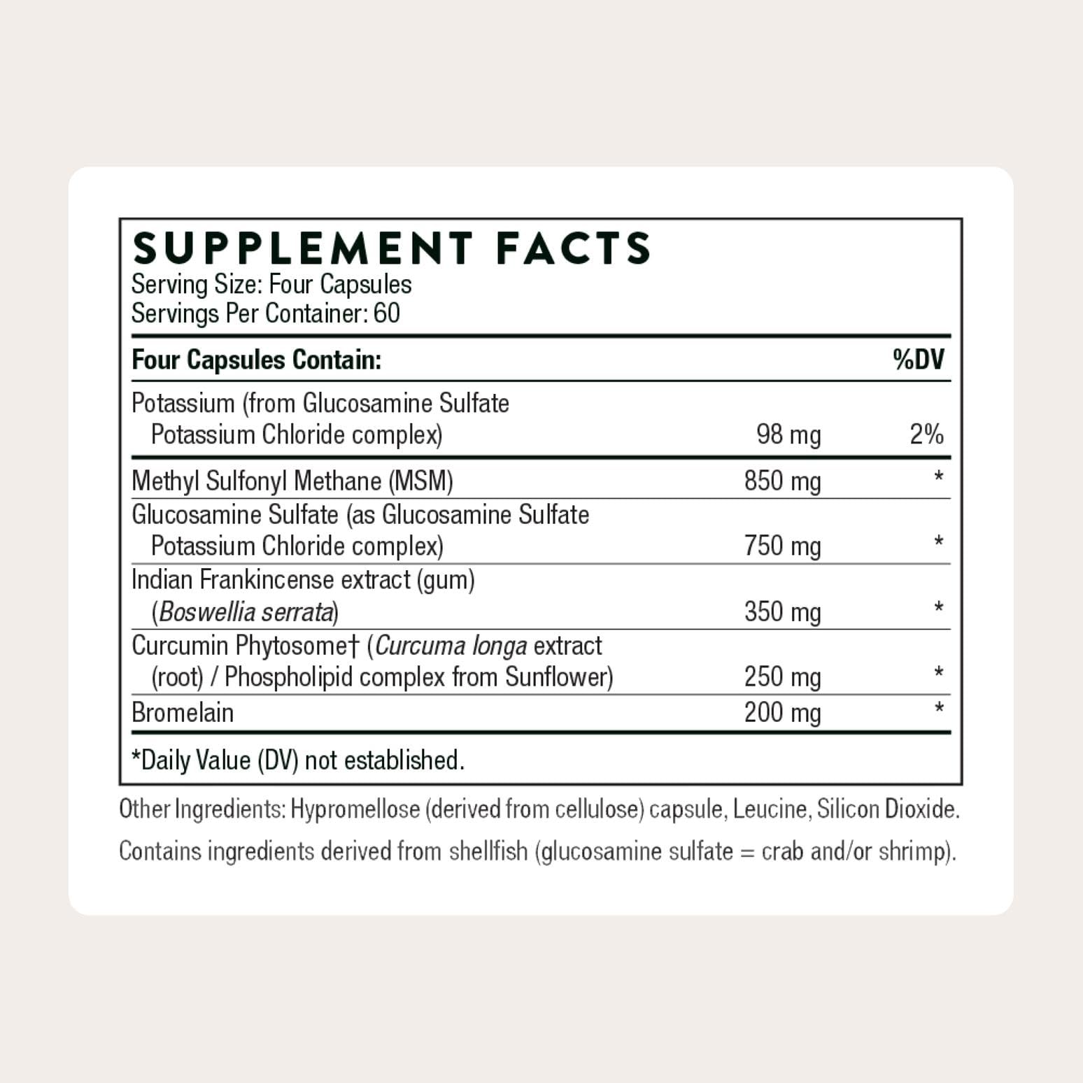 THORNE glucosamina MSM bromelina y curcumina, ingredientes clave para articulaciones.