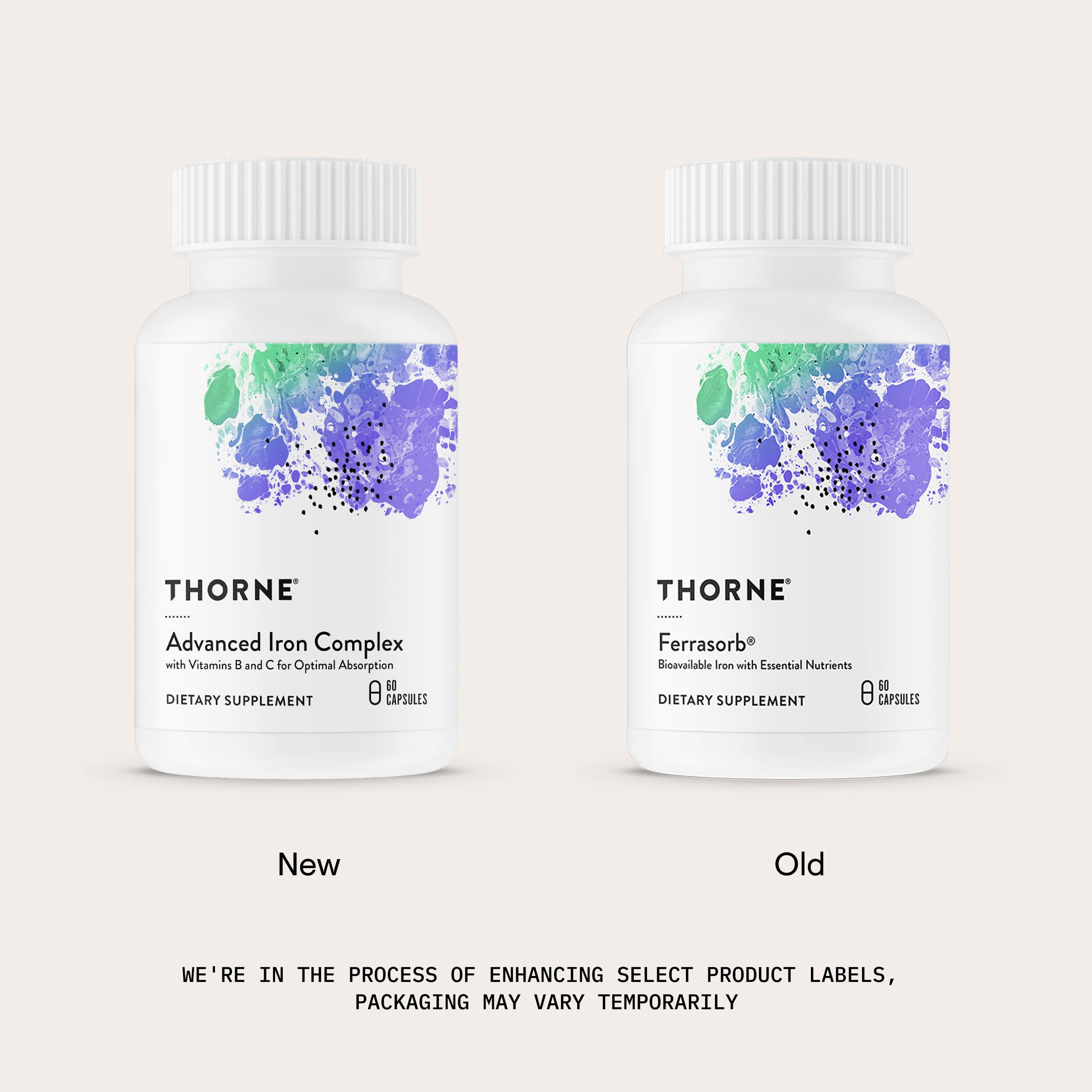 THORNE Hierro Avanzado etiqueta de ingredientes: vitaminas B y C acompañando al hierro