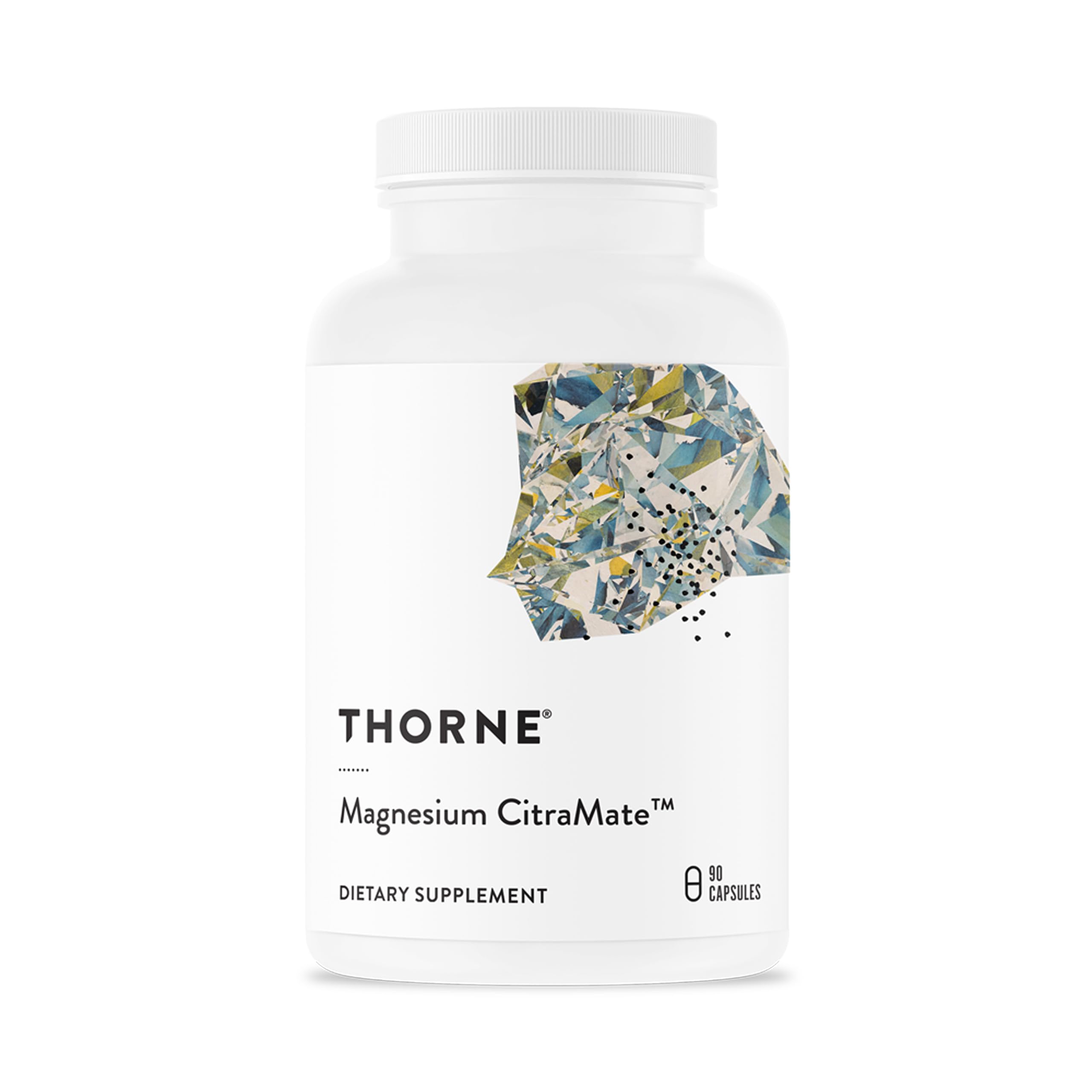 THORNE magnesio citrato malato, bote visible, apoyo general de energía y bienestar