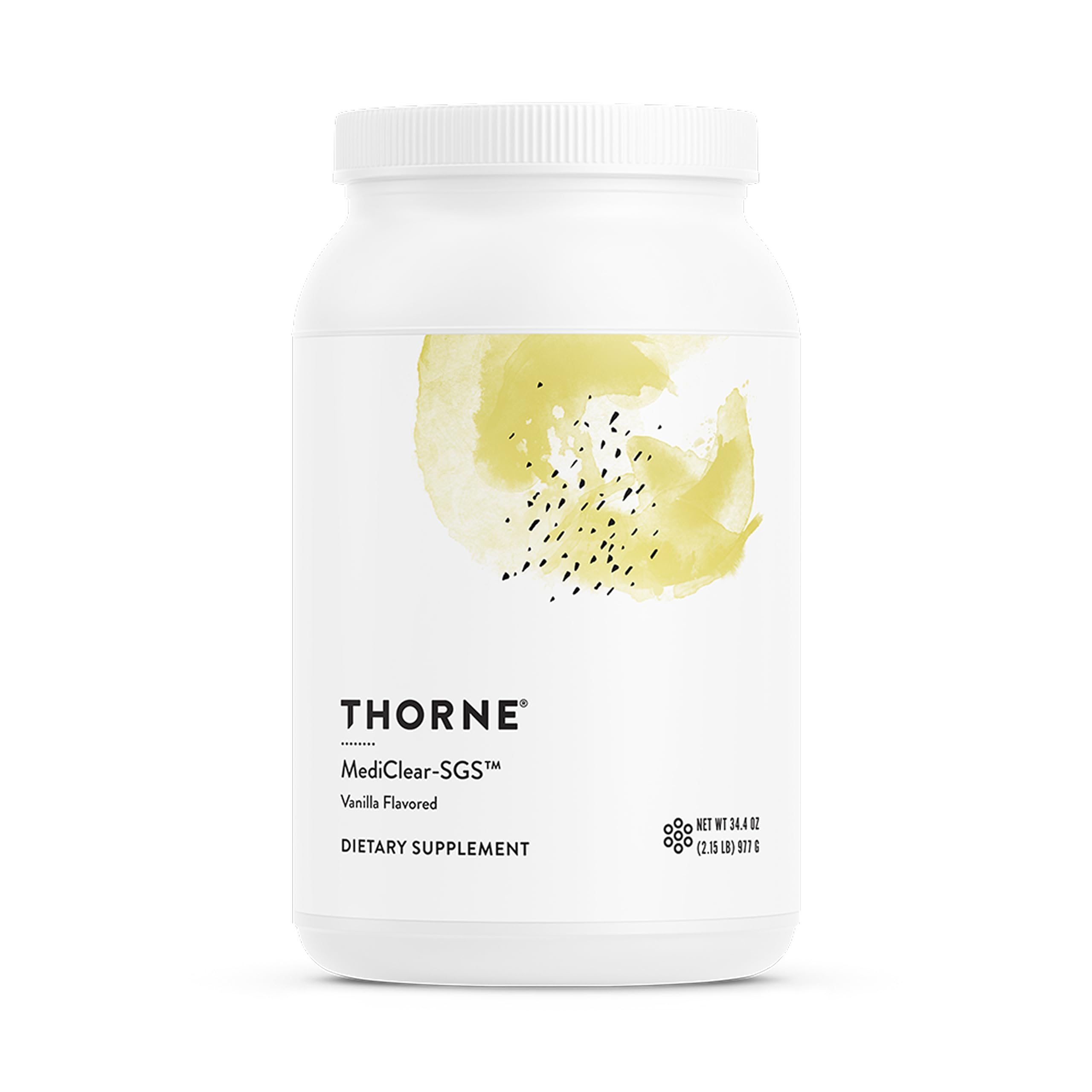Envase THORNE MediClear-SGS, etiqueta informativa y enfoque detox diario