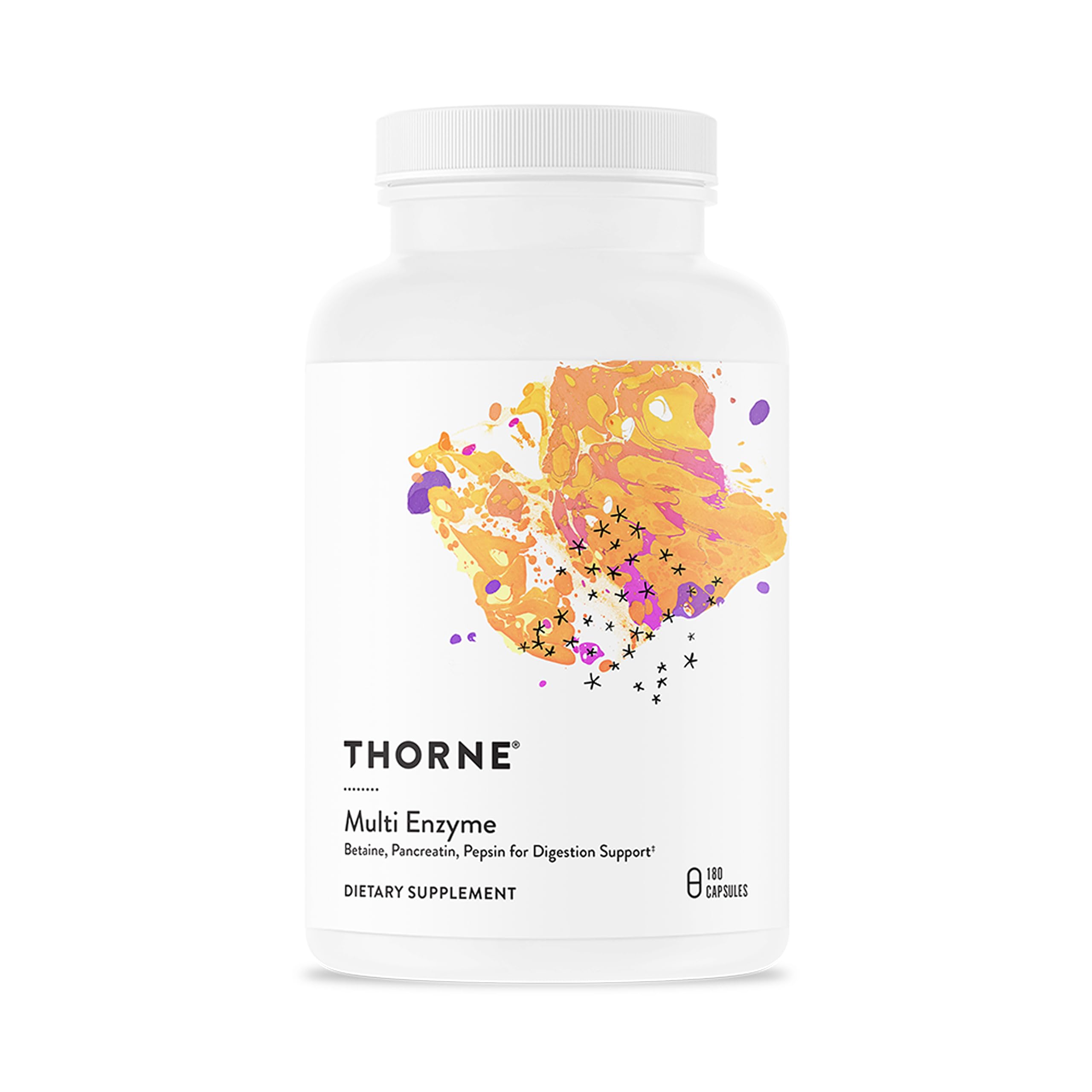 THORNE Multi Enzima frasco de cápsulas para apoyar la digestión diaria.