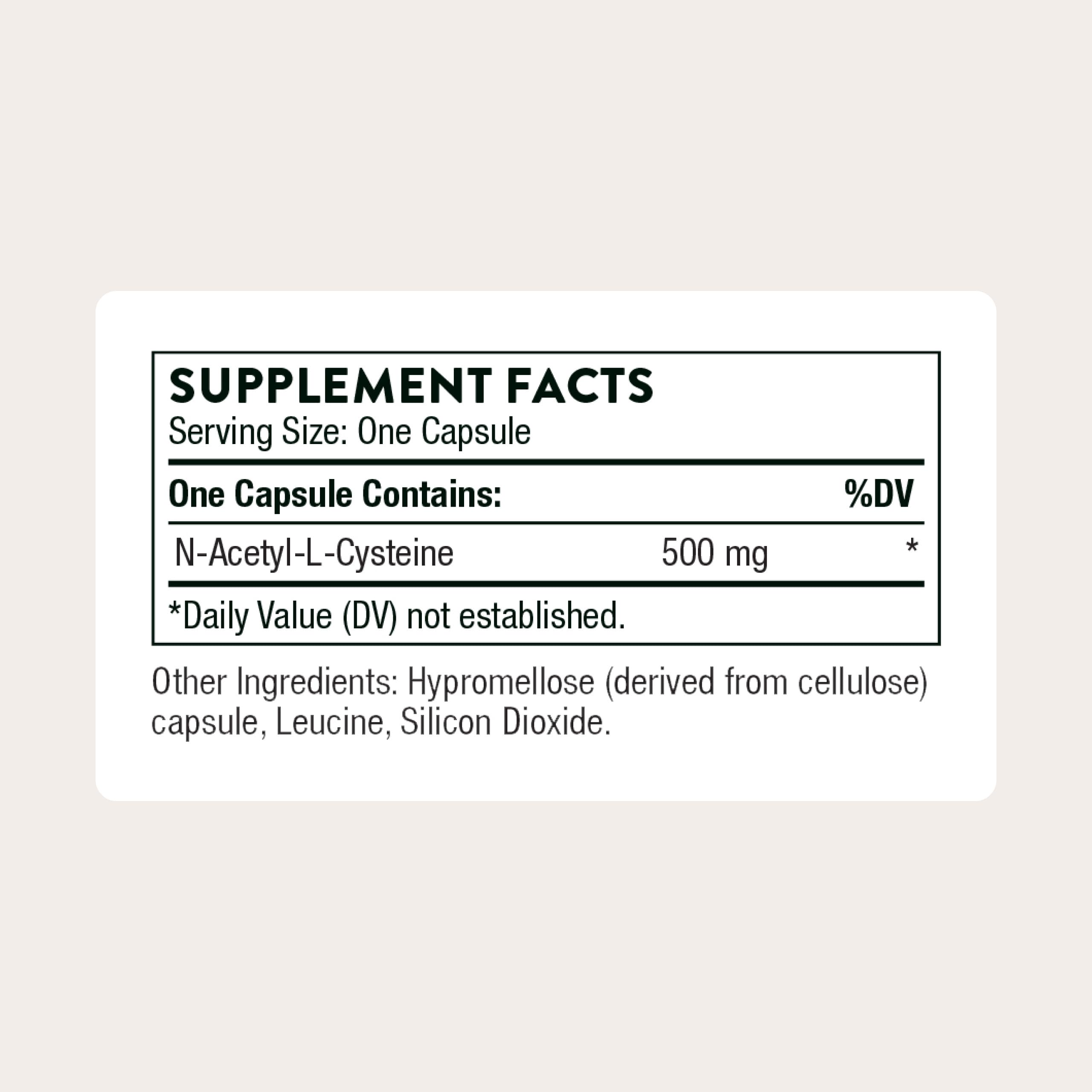 Thorne NAC 500mg - etiqueta detalle, información clara para uso seguro.