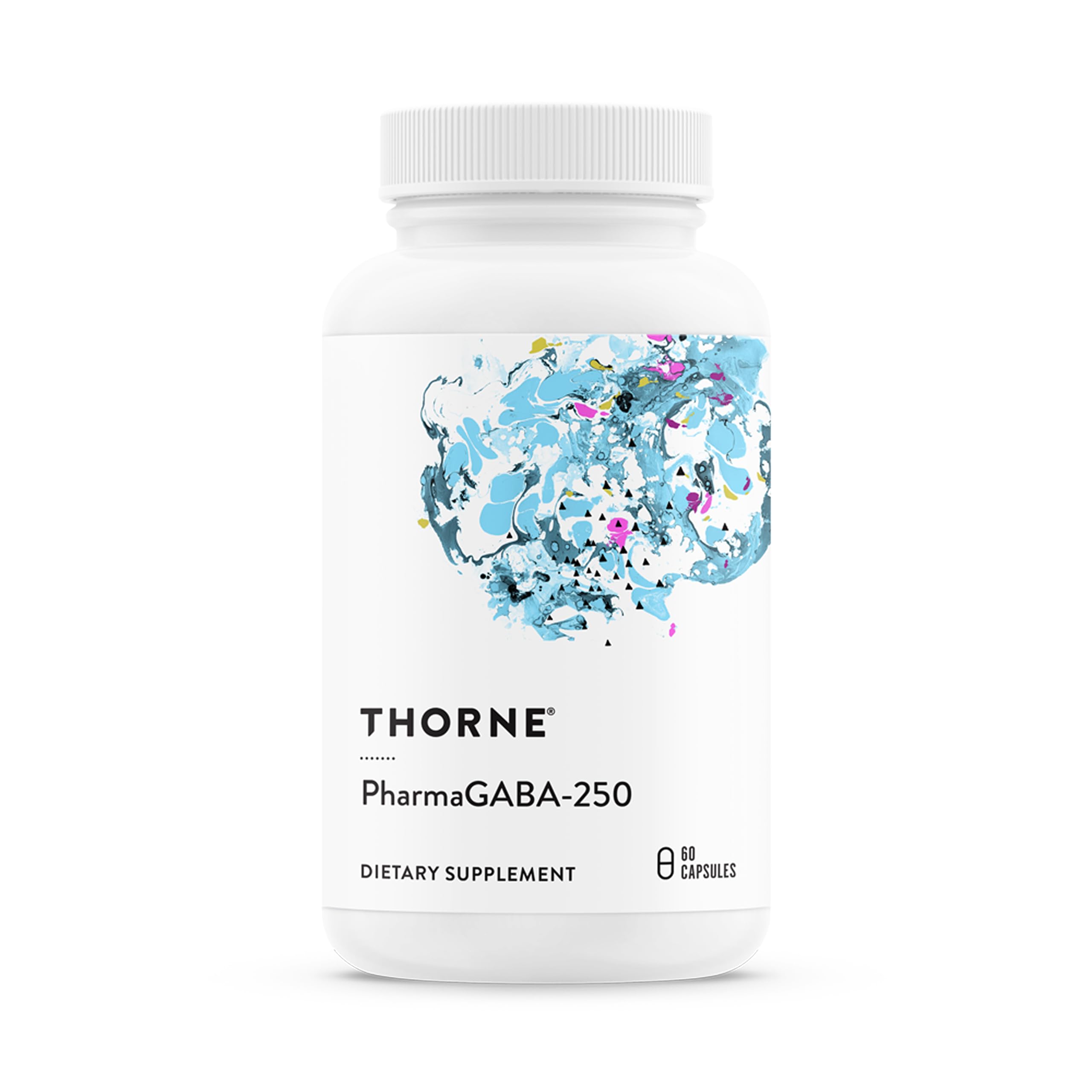 THORNE PharmaGABA-250, botella de cápsulas, promueve calma y enfoque.