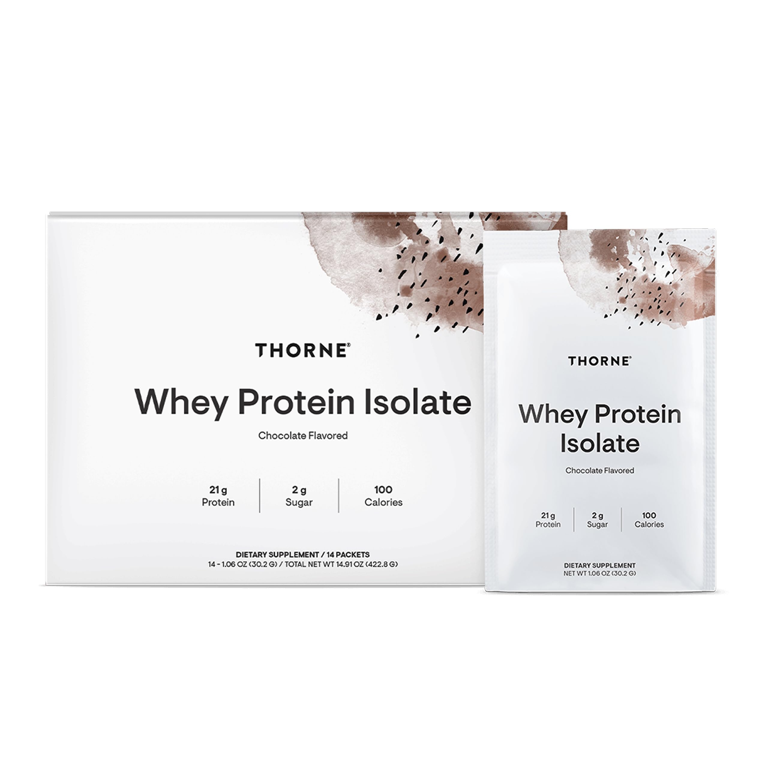 THORNE proteína suero aislada, frente del envase, apoyo muscular rápido tras entreno.