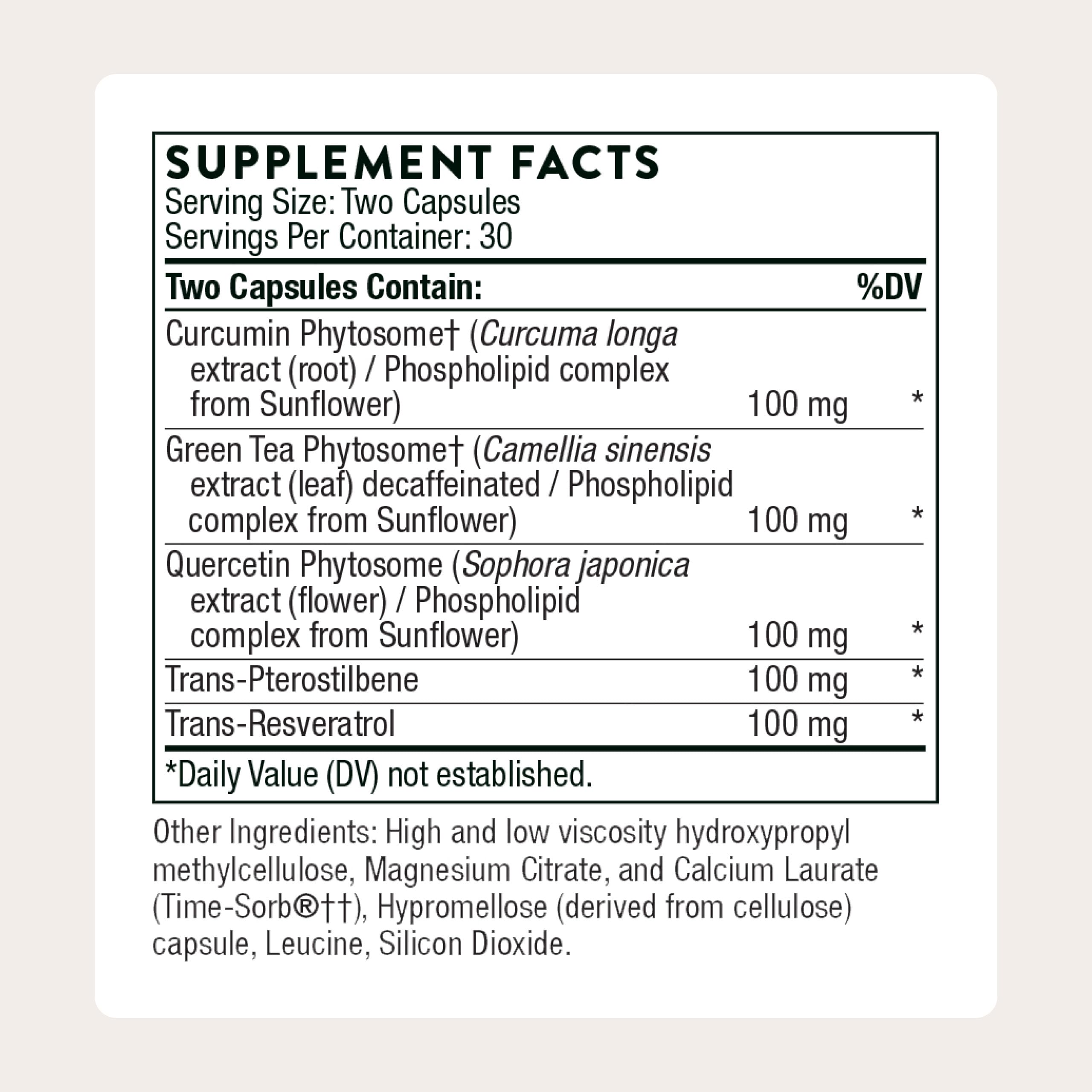 THORNE Resveratrol Complex: ingredientes clave como té verde y quercetina