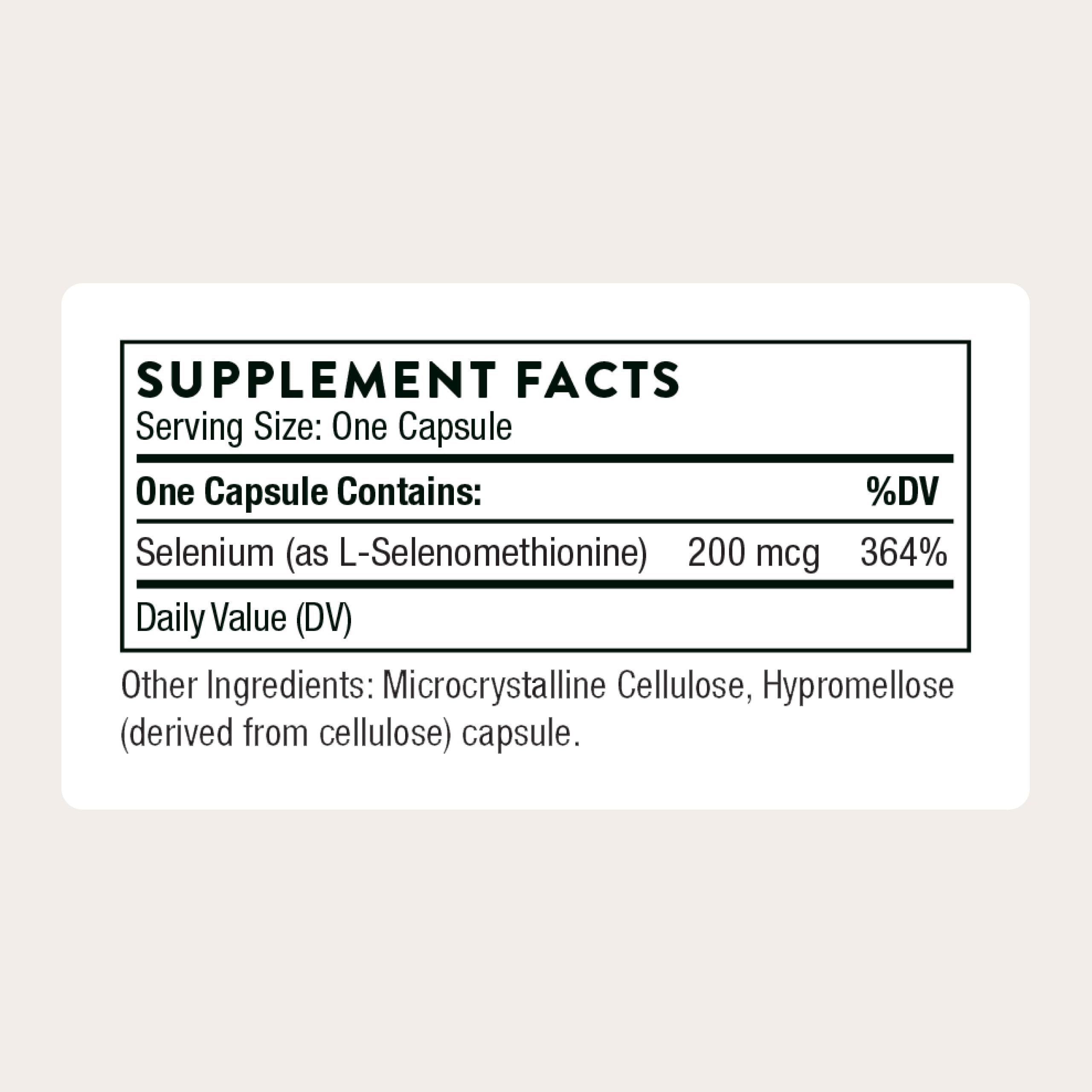 Etiqueta del frasco THORNE Selenium 200mcg con información clara de dosis