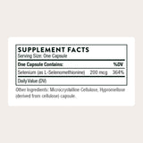 Etiqueta del frasco THORNE Selenium 200mcg con información clara de dosis