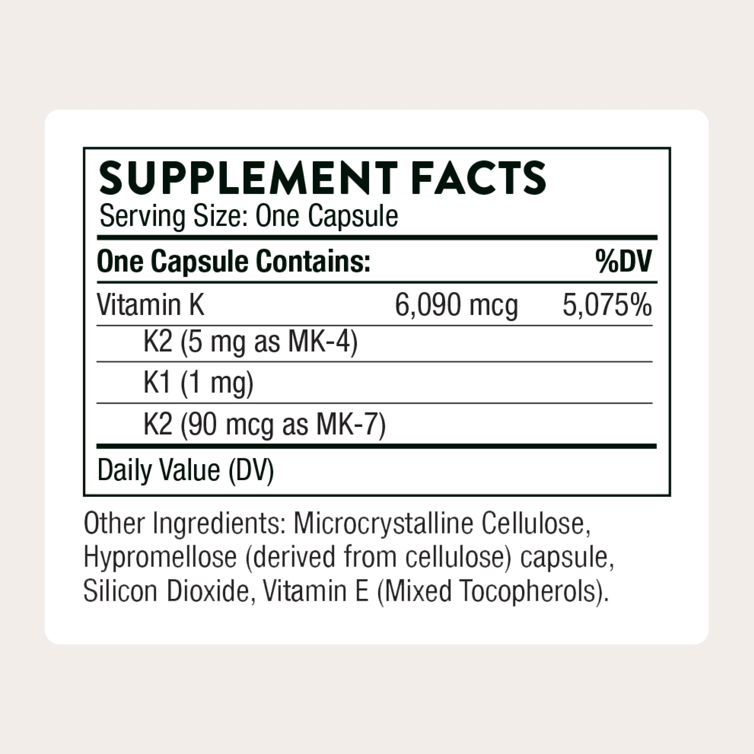 THORNE Vitamina K: etiqueta detallada con ingredientes y certificaciones