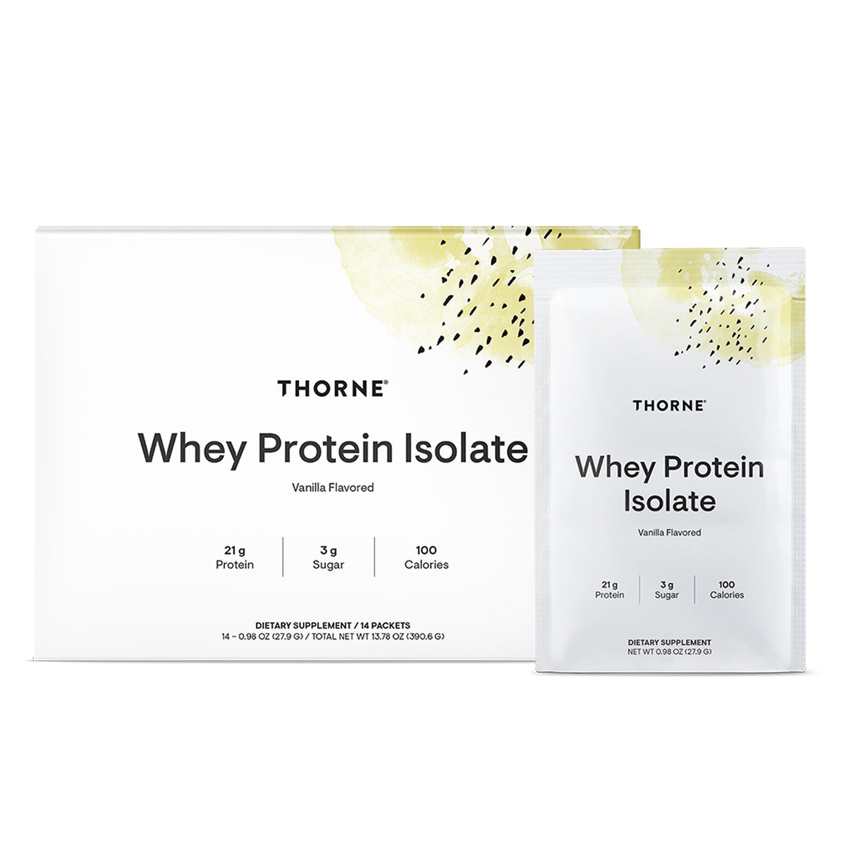 THORNE Whey Protein Isolate, cucharada medida, apoya recuperación muscular.