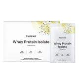 THORNE Whey Protein Isolate, cucharada medida, apoya recuperación muscular.