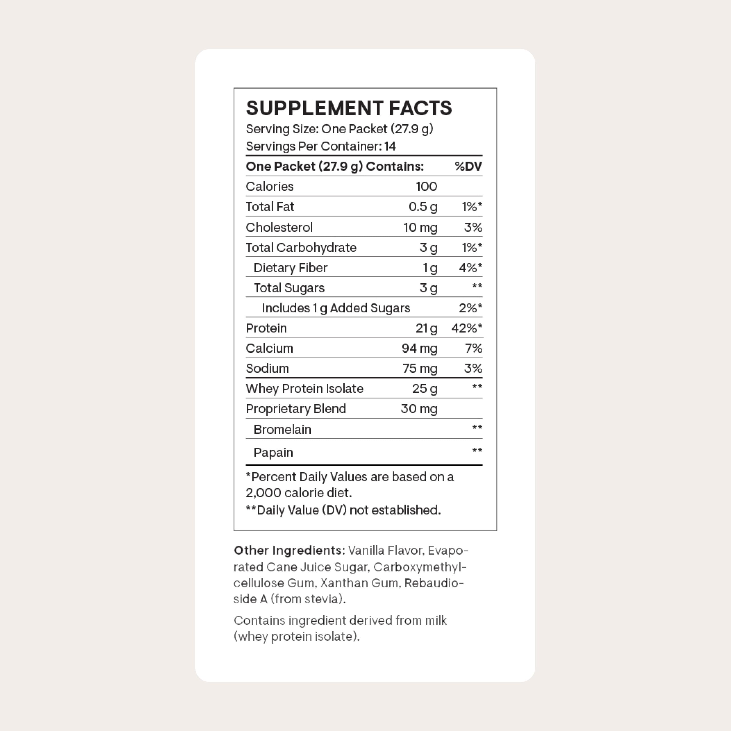 THORNE Whey Protein Isolate, vaso batido sabor vainilla, proteína rápida para después del entrenamiento.