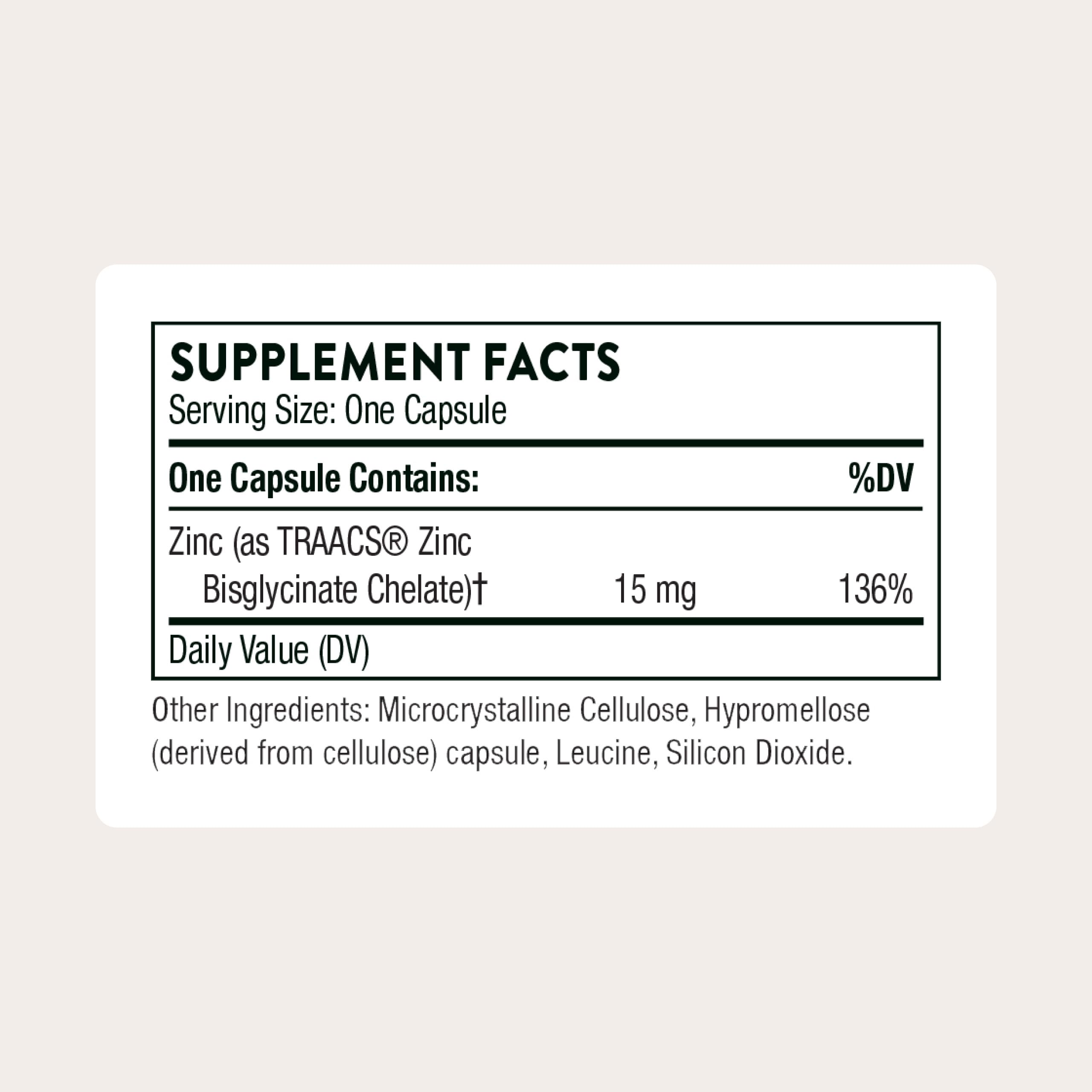 Envase de THORNE Zinc Bisglycinato 15 mg, cápsulas para consumo diario.
