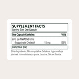 Envase de THORNE Zinc Bisglycinato 15 mg, cápsulas para consumo diario.