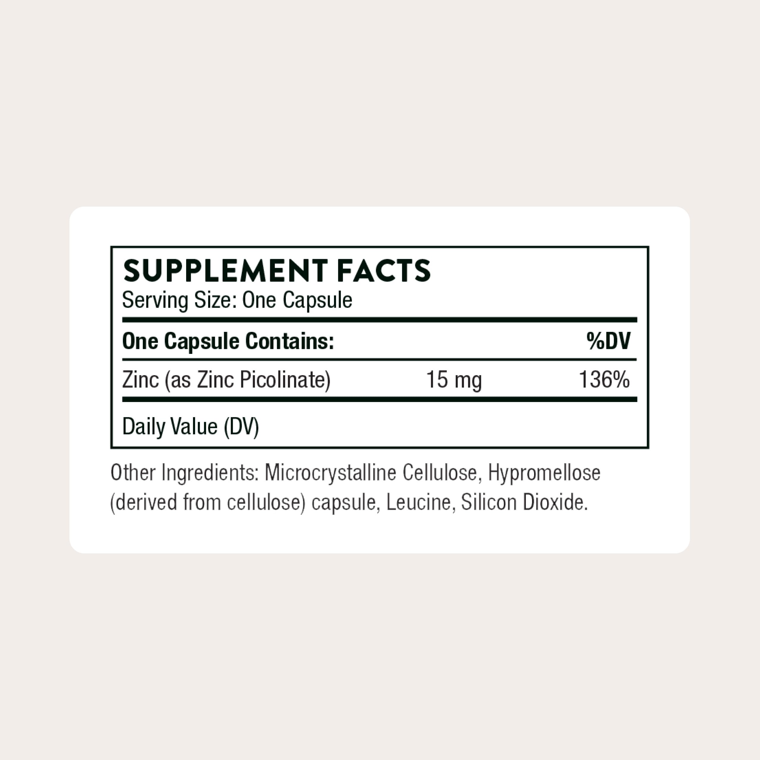 THORNE Zinc Picolinate 15 mg: botella cerrada y etiqueta visible