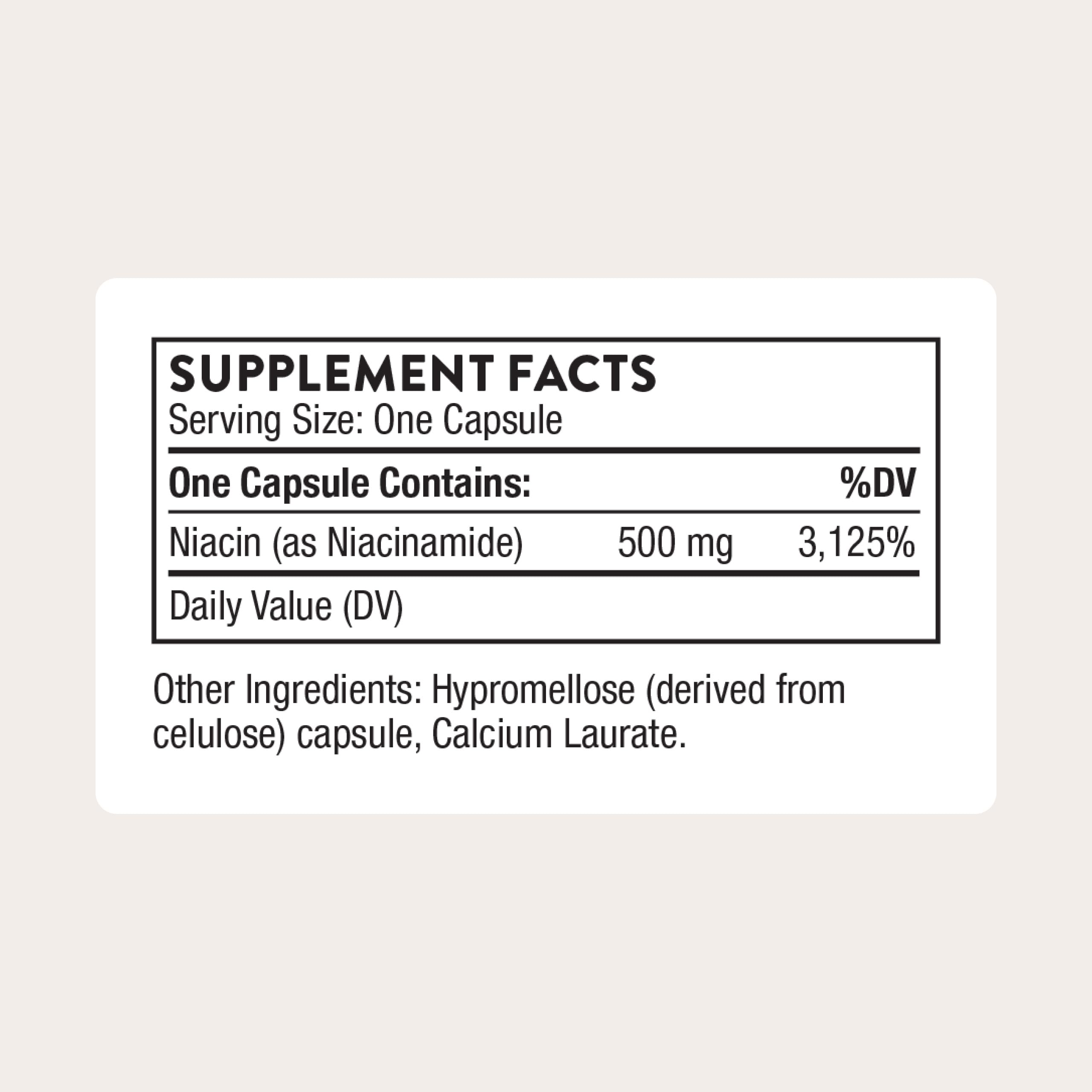 THORNE Niacinamide: etiqueta certificada, garantiza pureza y cumplimiento de la etiqueta.