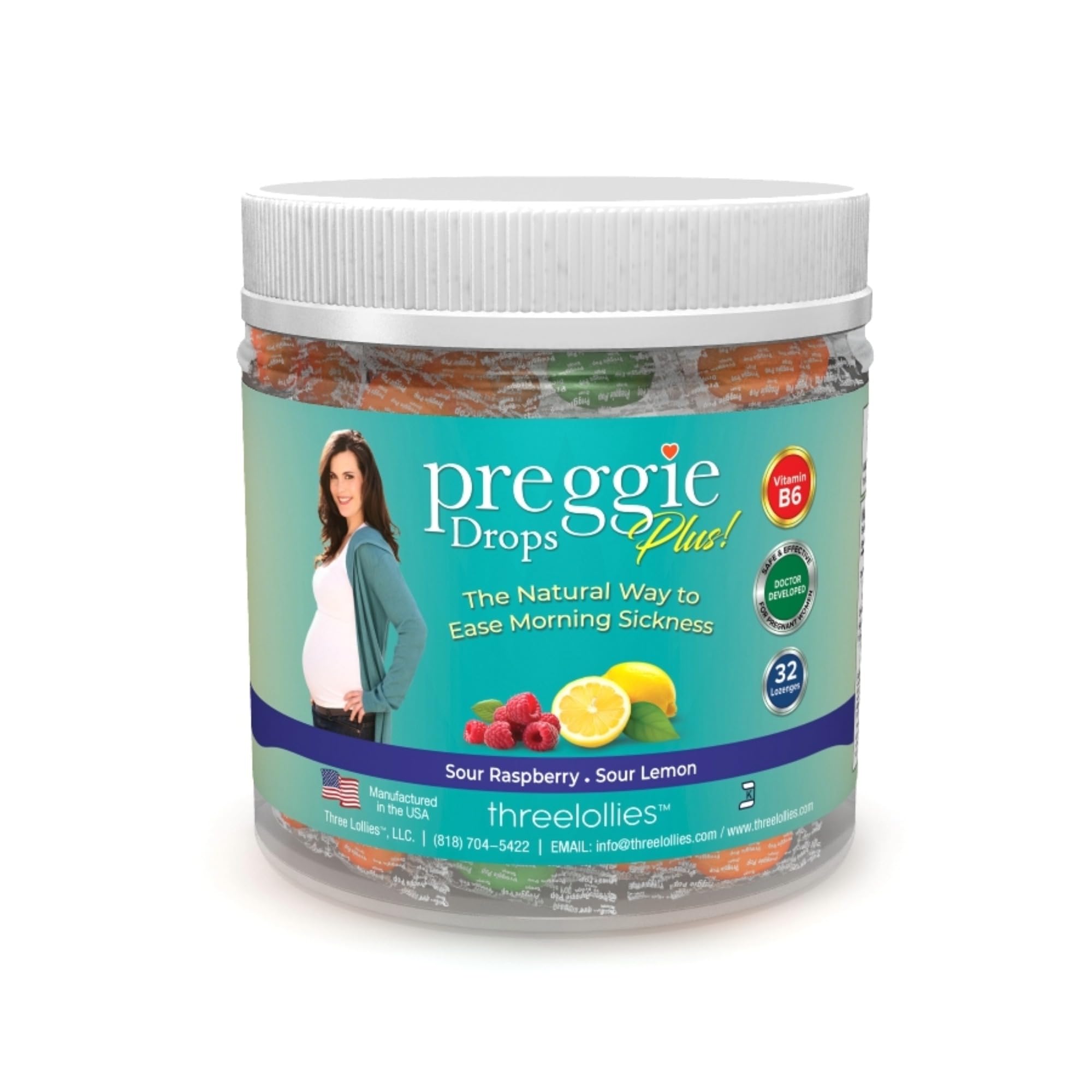 Three Lollies Preggie Drops Plus sabor limón, alivio suave de náuseas en cualquier momento