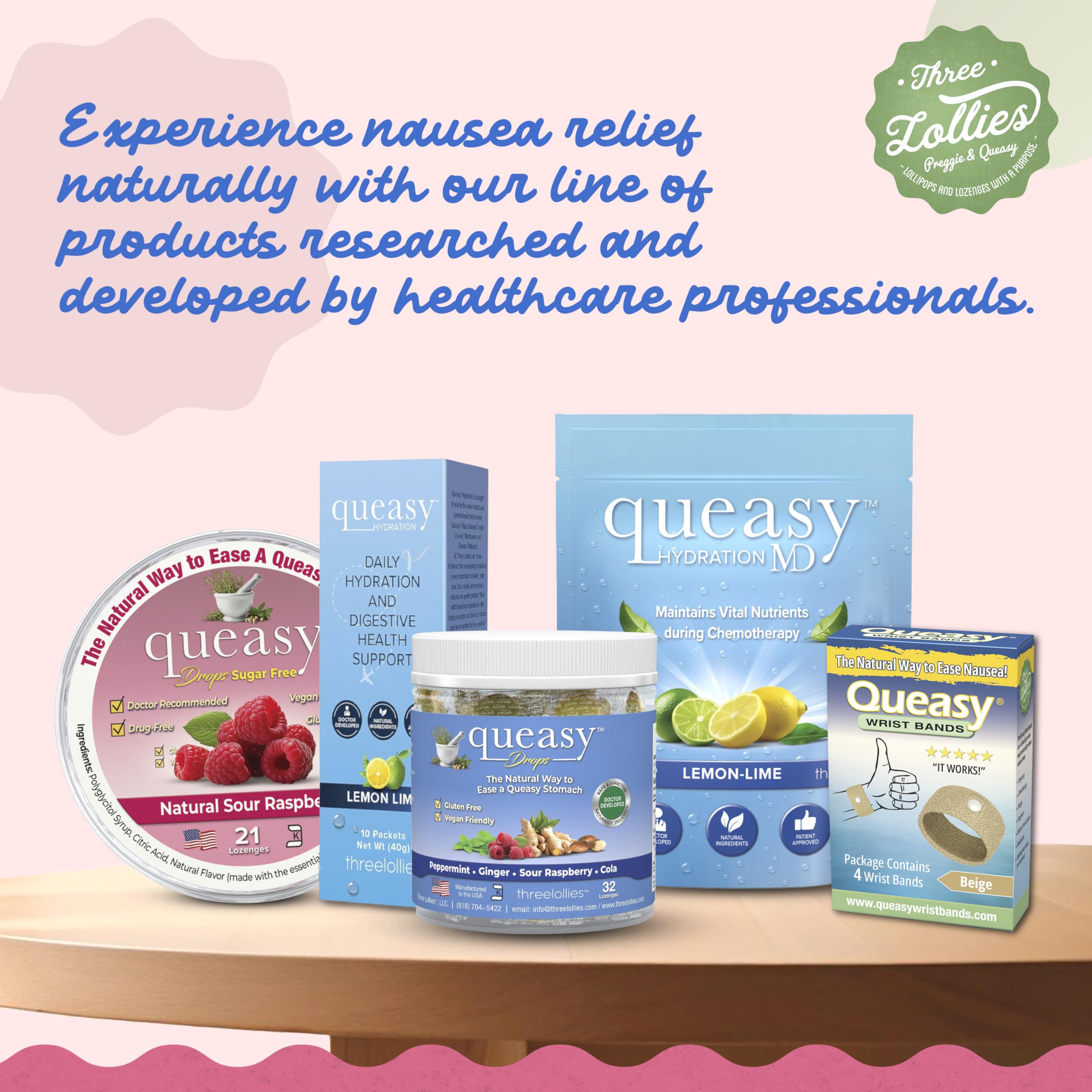Three Lollies Queasy Drops Cola, ingredientes naturales y fabricación en EE. UU.