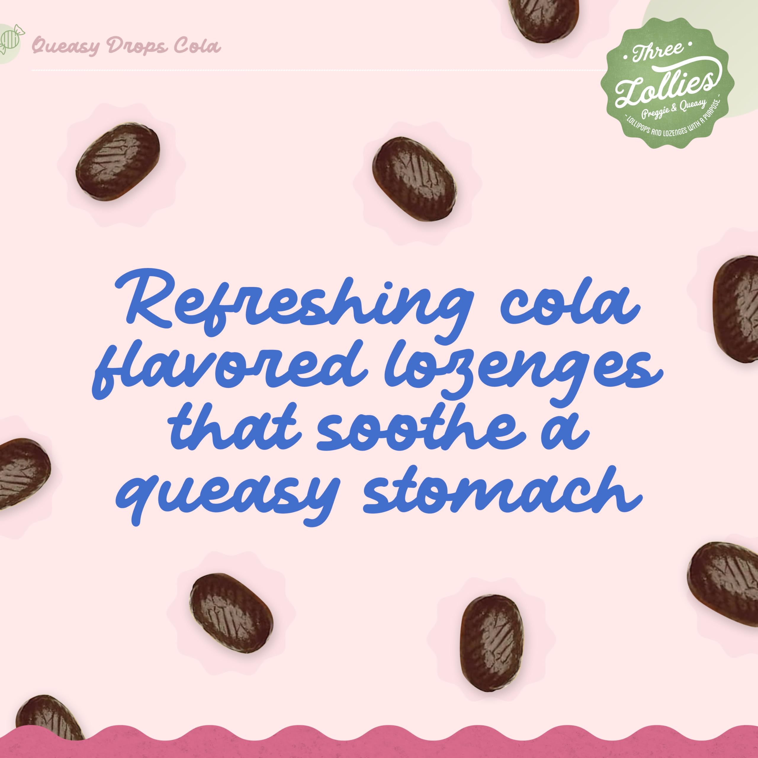 Three Lollies Queasy Drops Cola, uso durante viajes o comidas, sabor cola.