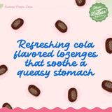 Three Lollies Queasy Drops Cola, uso durante viajes o comidas, sabor cola.