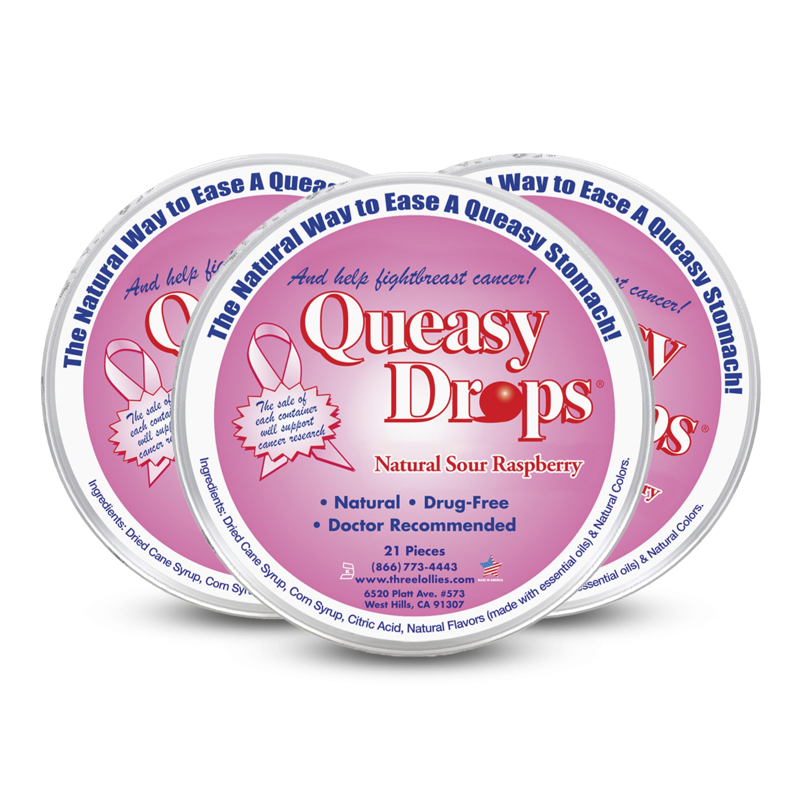 Three Lollies Queasy Drops empaque frambuesa agrio, ideal para viajes con sabor refrescante