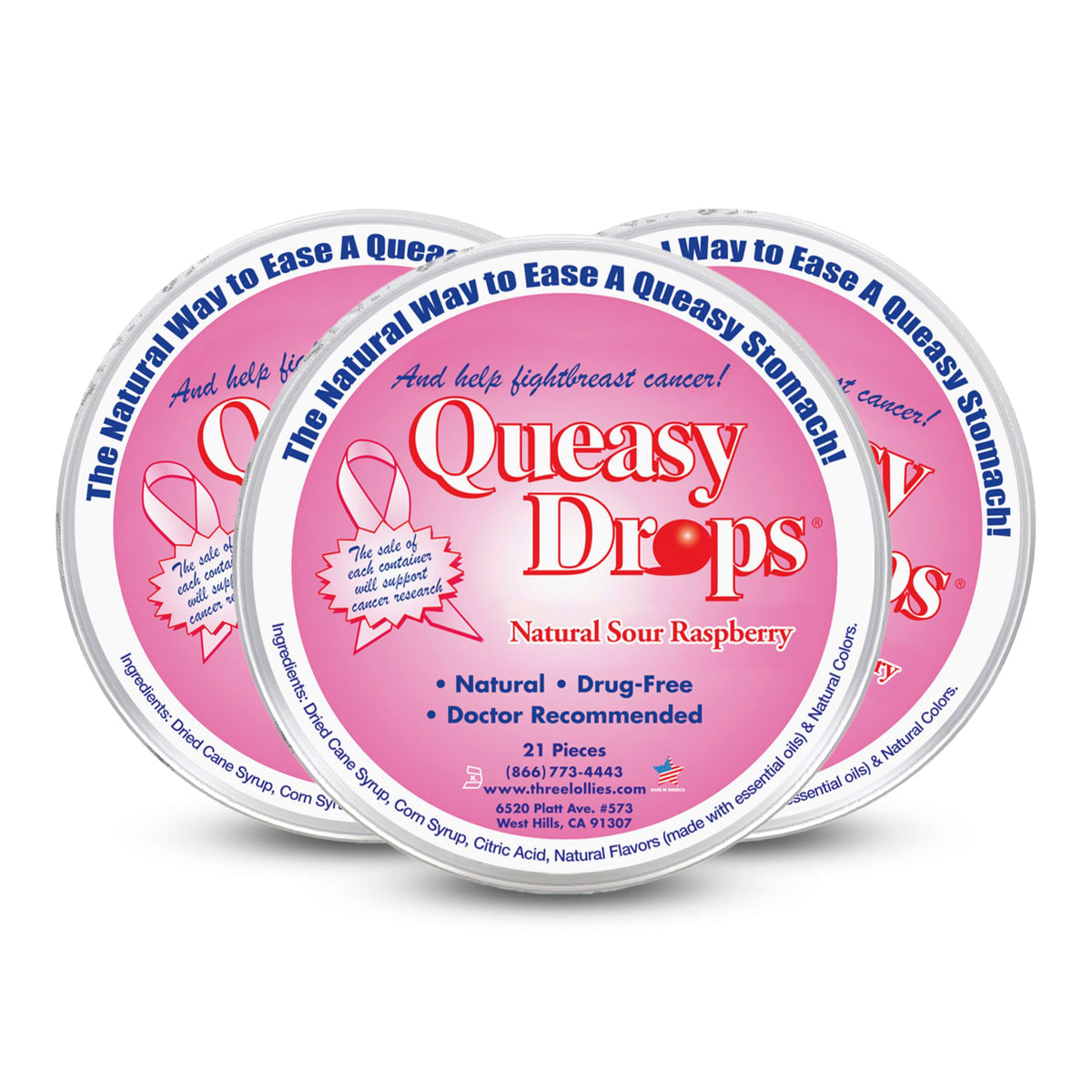 Three Lollies Queasy Drops empaque frambuesa agrio, ideal para viajes con sabor refrescante
