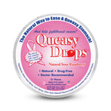Three Lollies Queasy Drops frambuesa ácida en caja rosa, perfecto para viajes