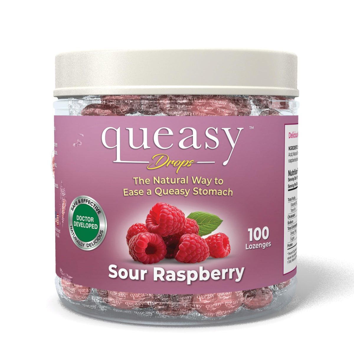 Three Lollies Queasy Drops en embalaje, pastillas de frambuesa rosa para alivio suave