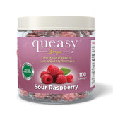 Three Lollies Queasy Drops en embalaje, pastillas de frambuesa rosa para alivio suave