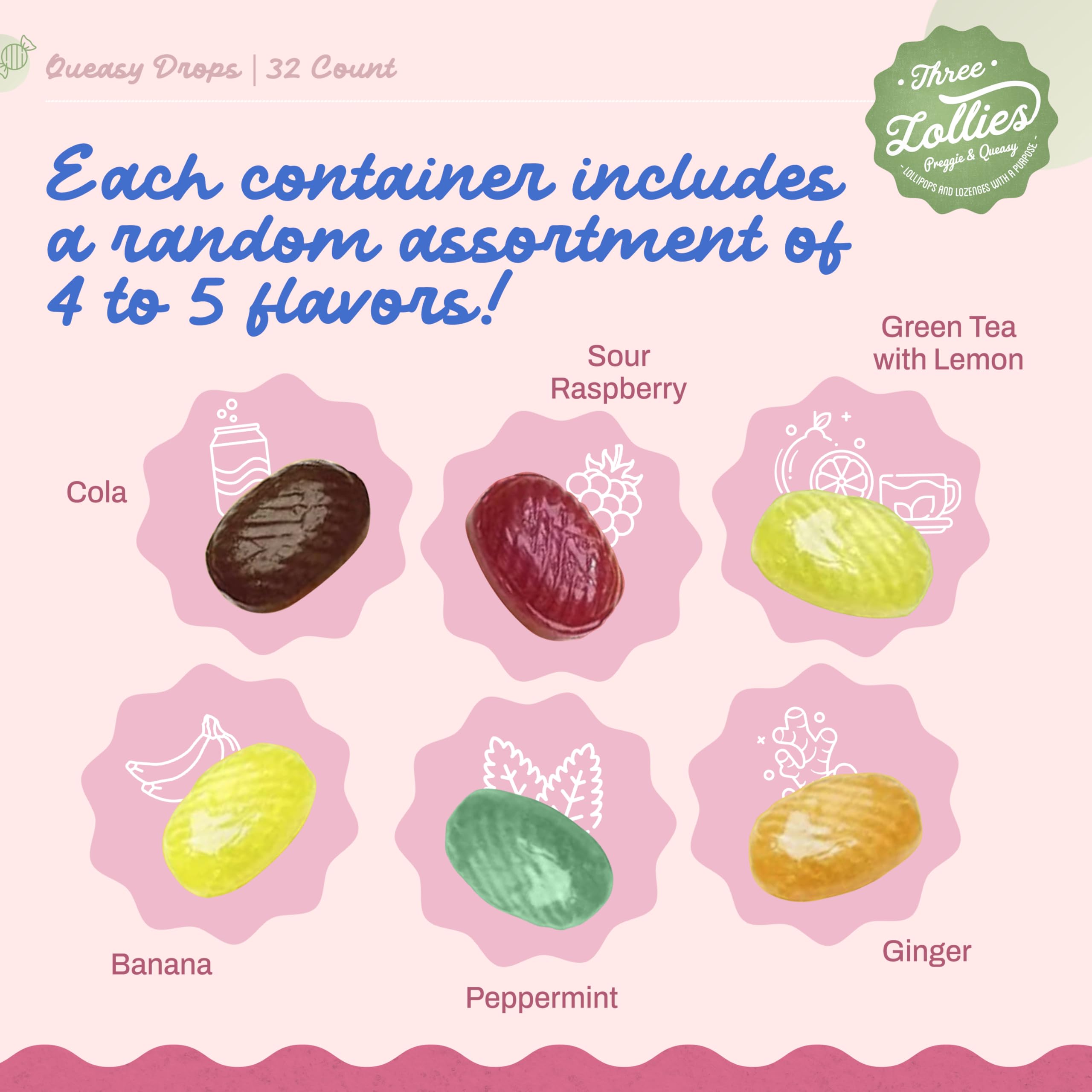 Three Lollies Queasy Drops gotas en la boca para alivio suave.